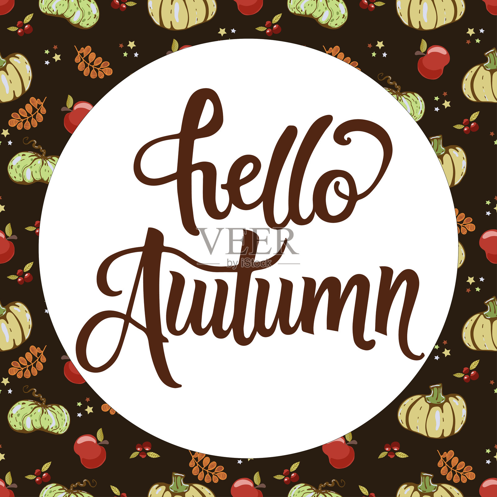 你好,秋天的矢量插图,手写字母和秋天的落叶。插画图片素材