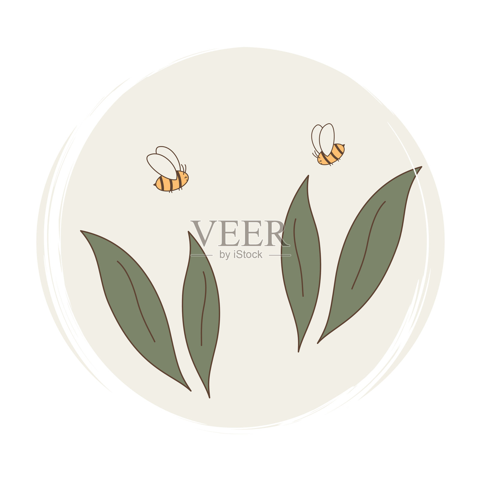 可爱的手绘矢量logo设计模板,适用于社交媒体故事和高亮的图标和徽章,背景为细腻的奶油色,配有绿色叶子和蜜蜂。插画图片素材