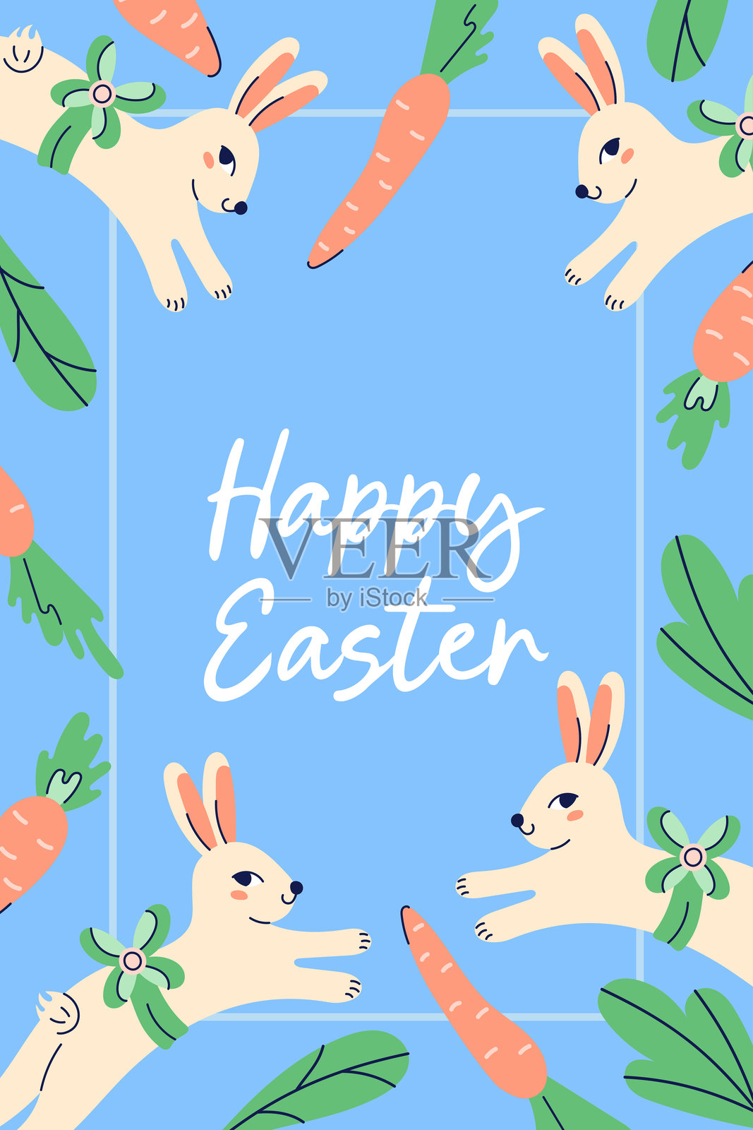 可爱的海报,带有兔子和胡萝卜,庆祝快乐的复活节假期。设计在蓝色背景上的文字。手绘的快乐复活节贺卡。带有部分轮廓的平面插图。矢量插图。插画图片素材