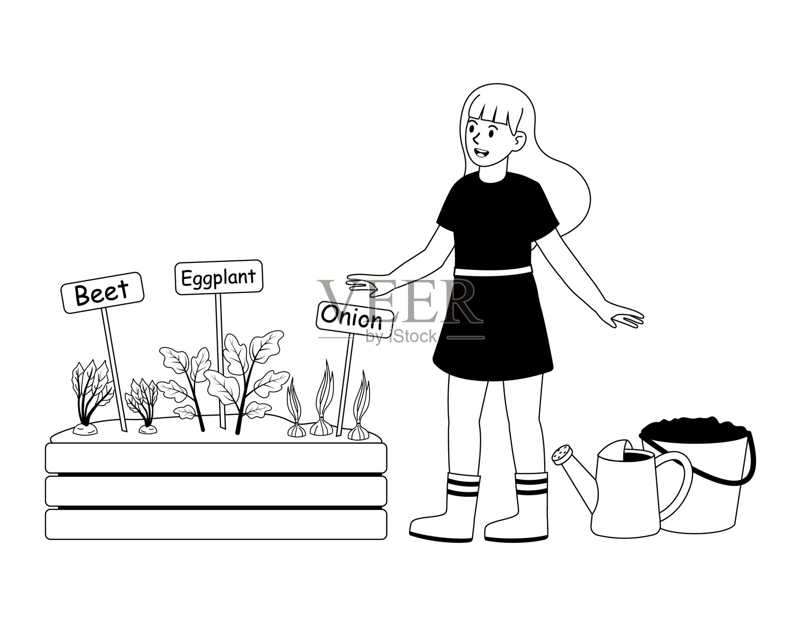 女孩在春季的菜园中照料各种植物插画图片素材