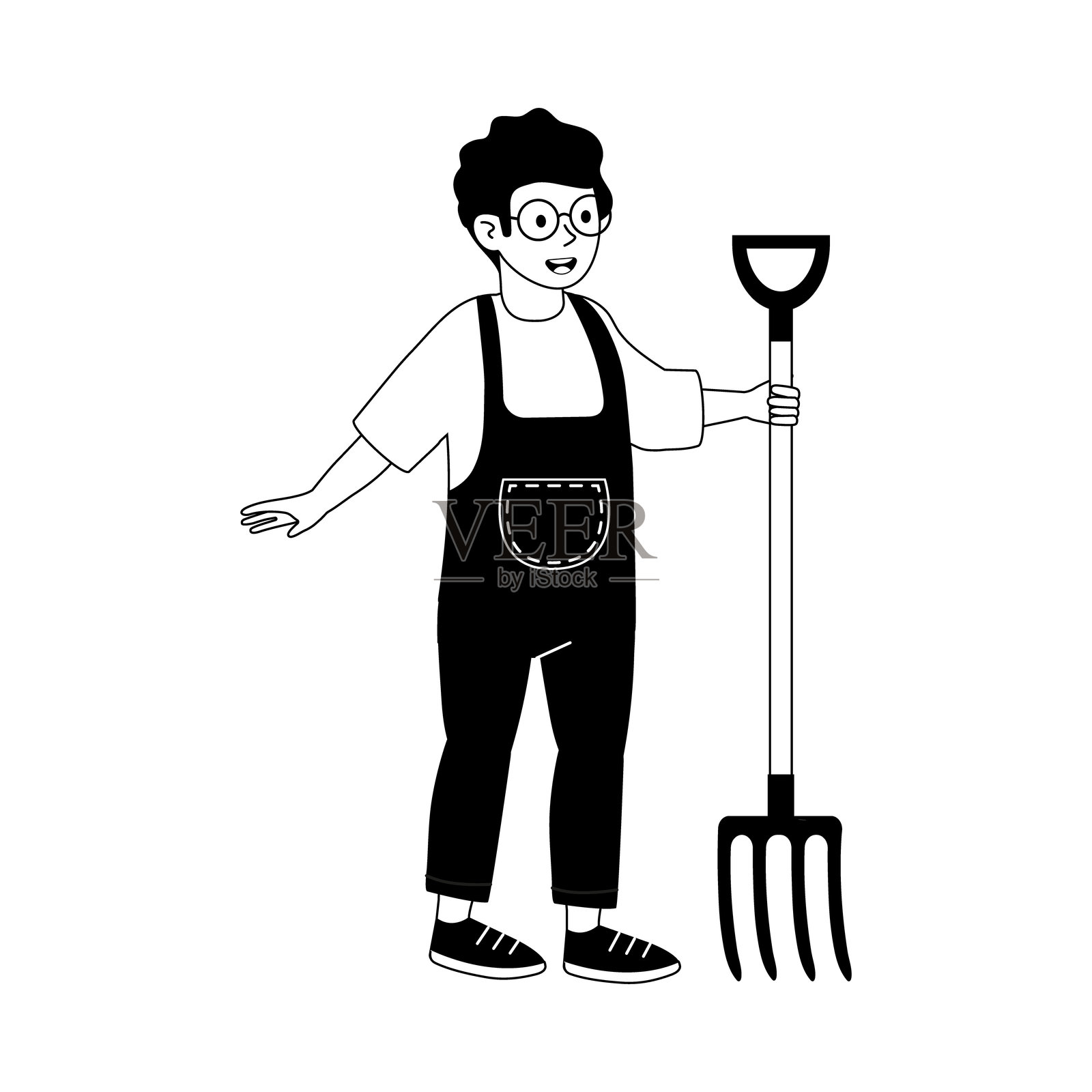 穿着工装的孩子在阳光明媚的户外手持园艺工具。插画图片素材