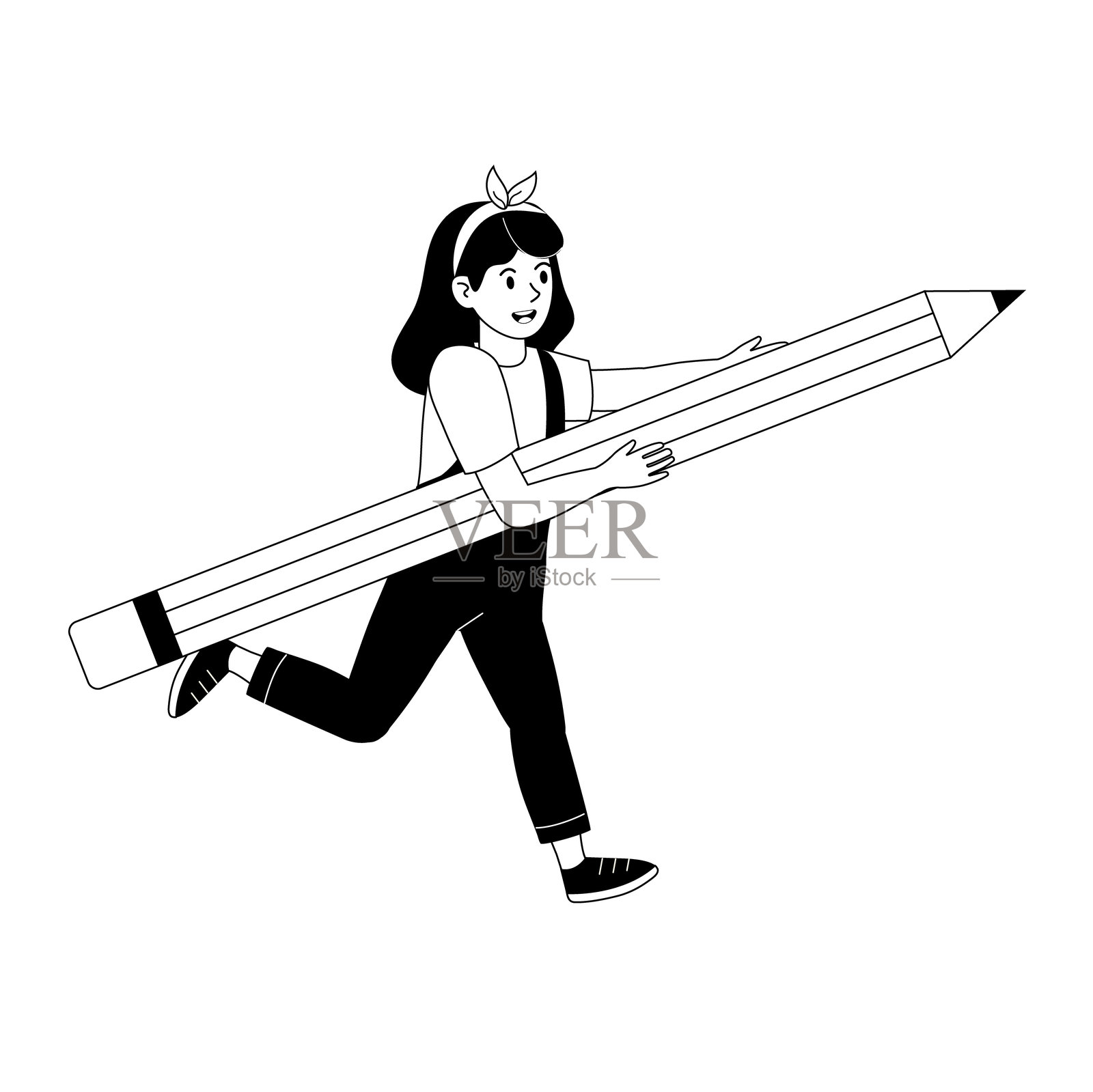 小女孩在一个充满趣味的环境中奔跑,手里拿着一支超大的铅笔。插画图片素材