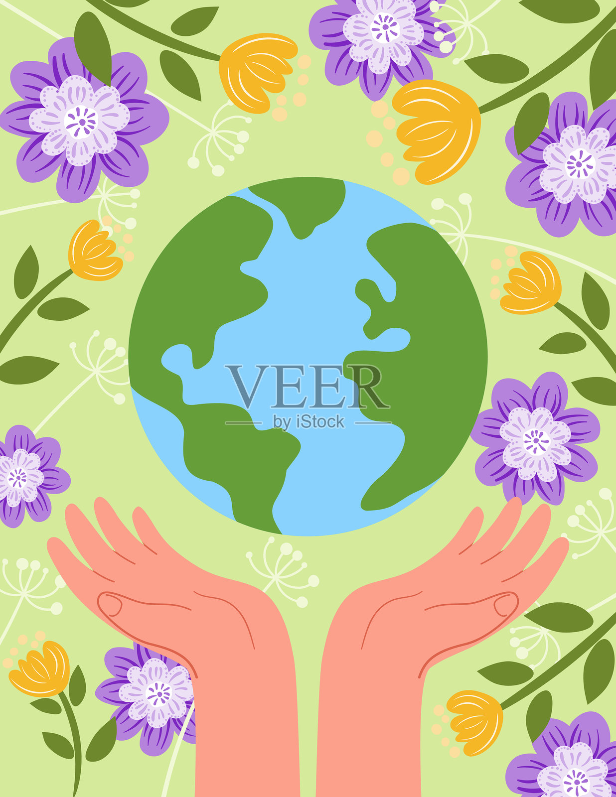 手握地球,周围环绕着花卉和植物。地球日环保概念插画图片素材