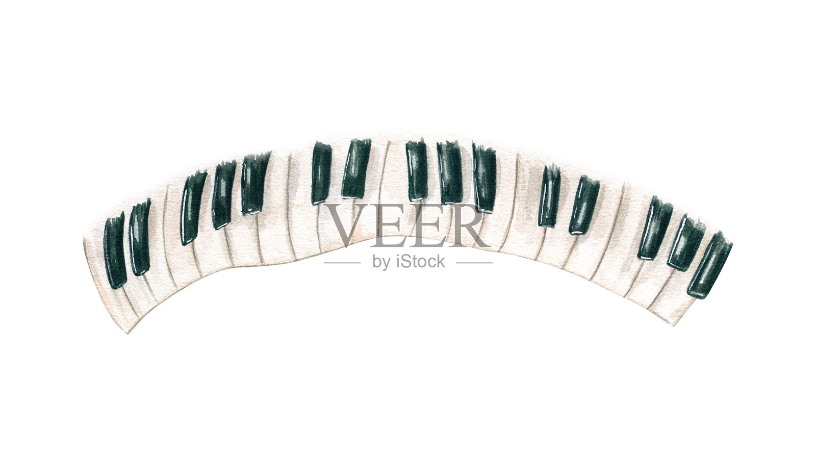 黑白钢琴波浪形抽象水彩插图,独立于白色背景。音乐乐器。手绘风格化键盘,适用于爵士音乐节海报、书籍和商店。插画图片素材