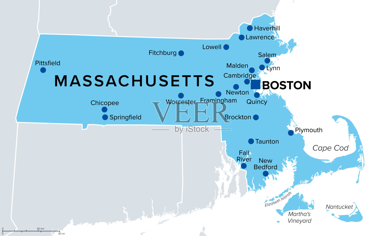 马萨诸塞州,美国,政治地图插画图片素材