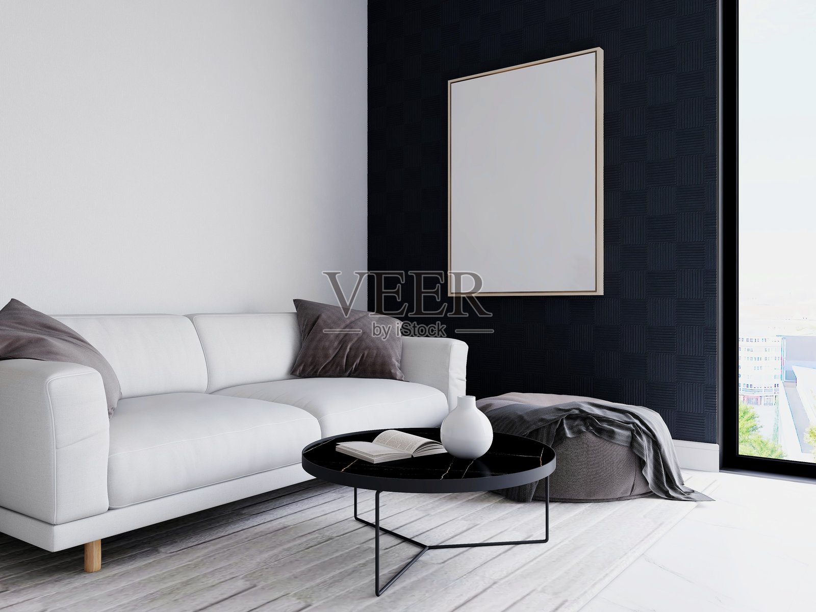 带沙发的客厅,室内装饰和一个空白的竖框照片摄影图片