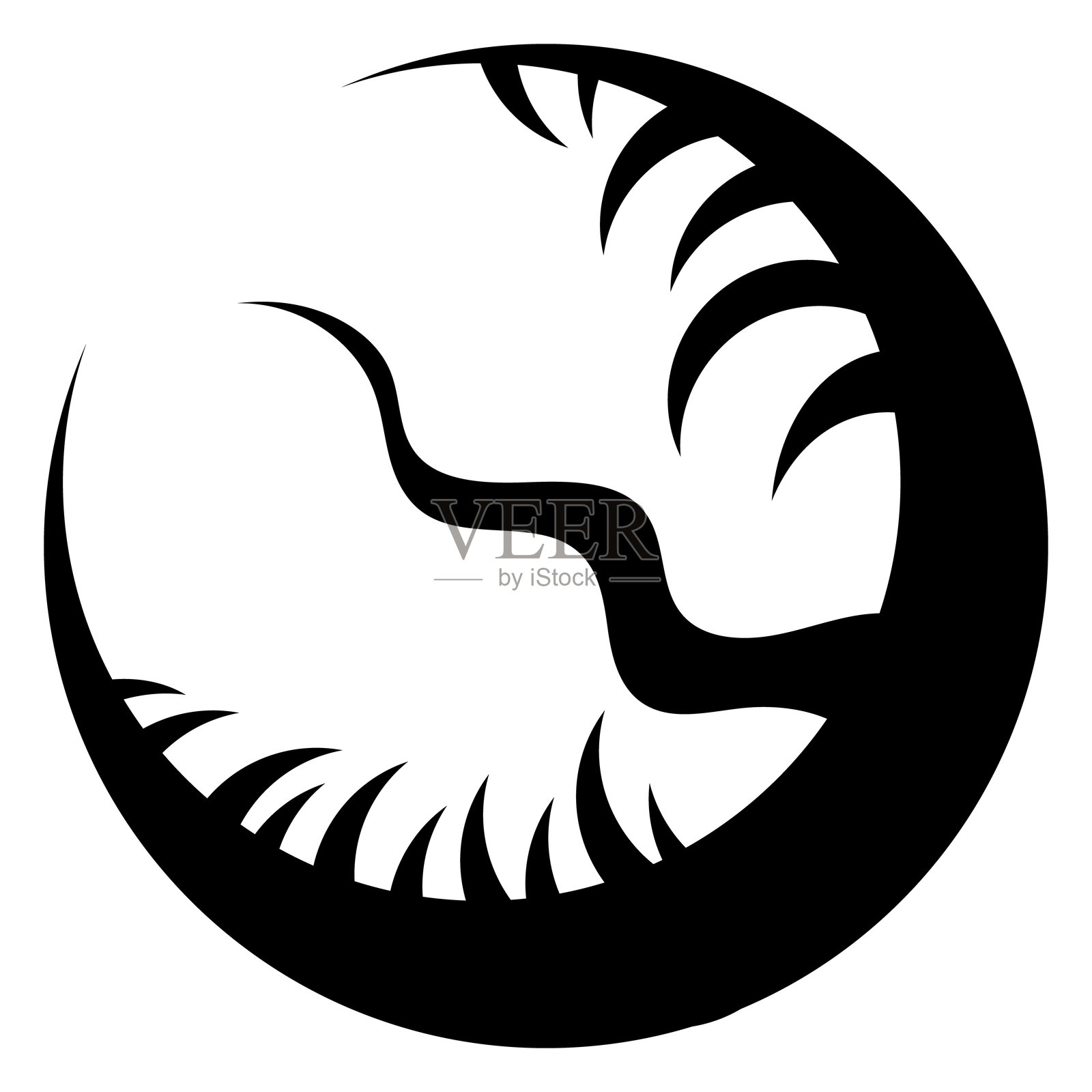 邪恶的月亮,带有锋利的牙齿和舌头。恐怖和万圣节的T恤印花,黑色剪影。插画图片素材