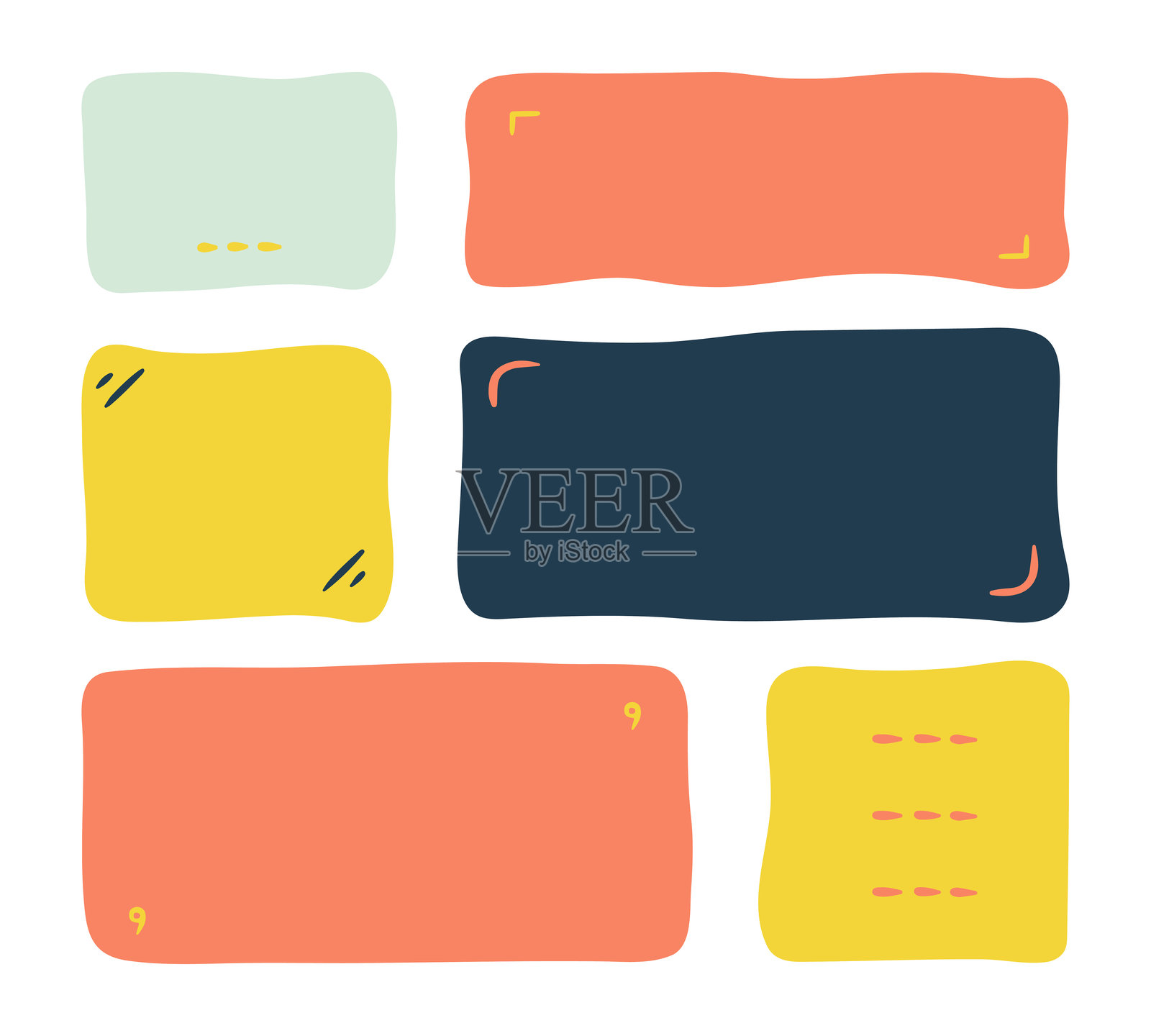 社交媒体用的涂鸦彩色形状和框架,带有引号的标点符号。抽象的独立文本框。儿童对话气泡形状。插画图片素材