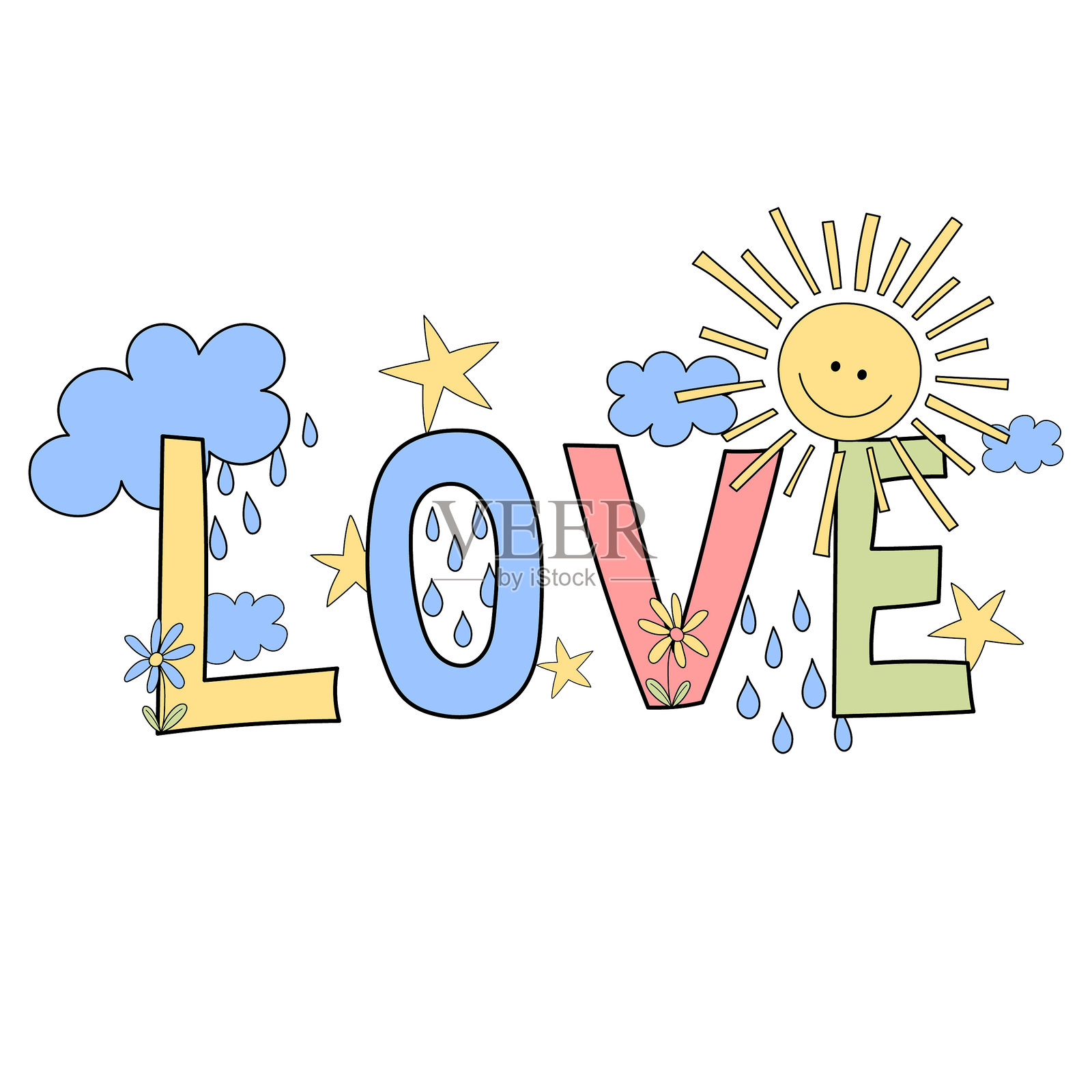 可爱简单的五彩字母“爱”被云朵、太阳、雨滴、星星和花朵环绕,背景为白色。插画图片素材