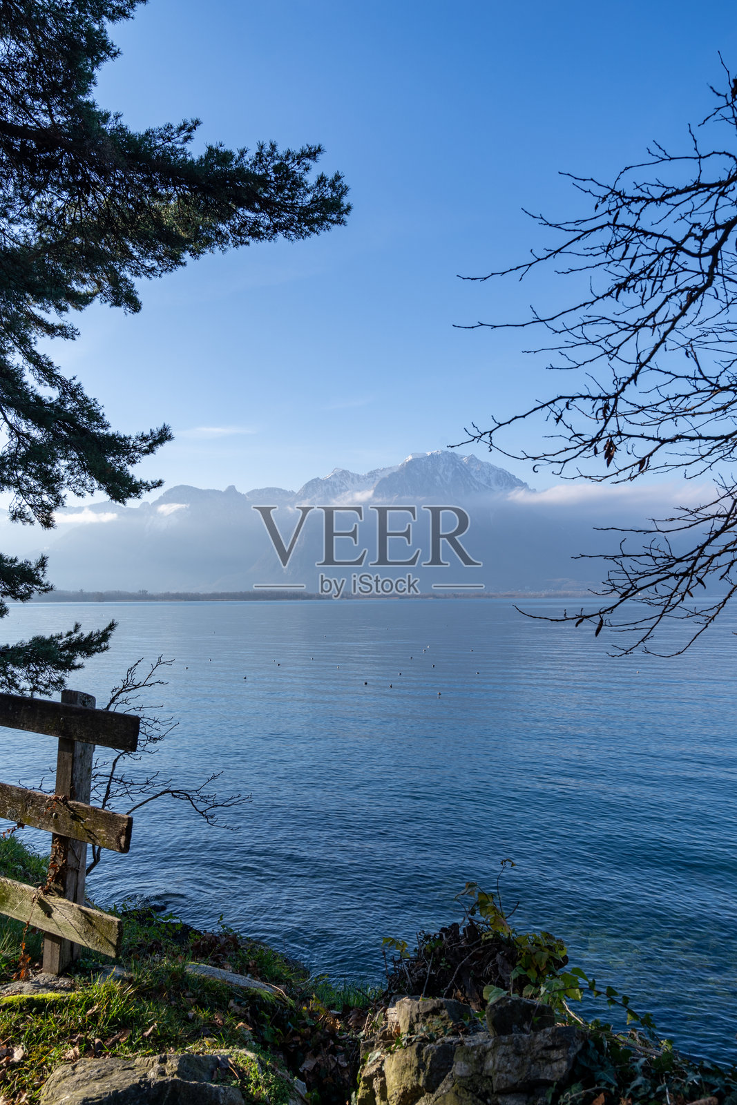 从日内瓦湖看蒙特布朗峰的阳光明媚的冬日景色照片摄影图片