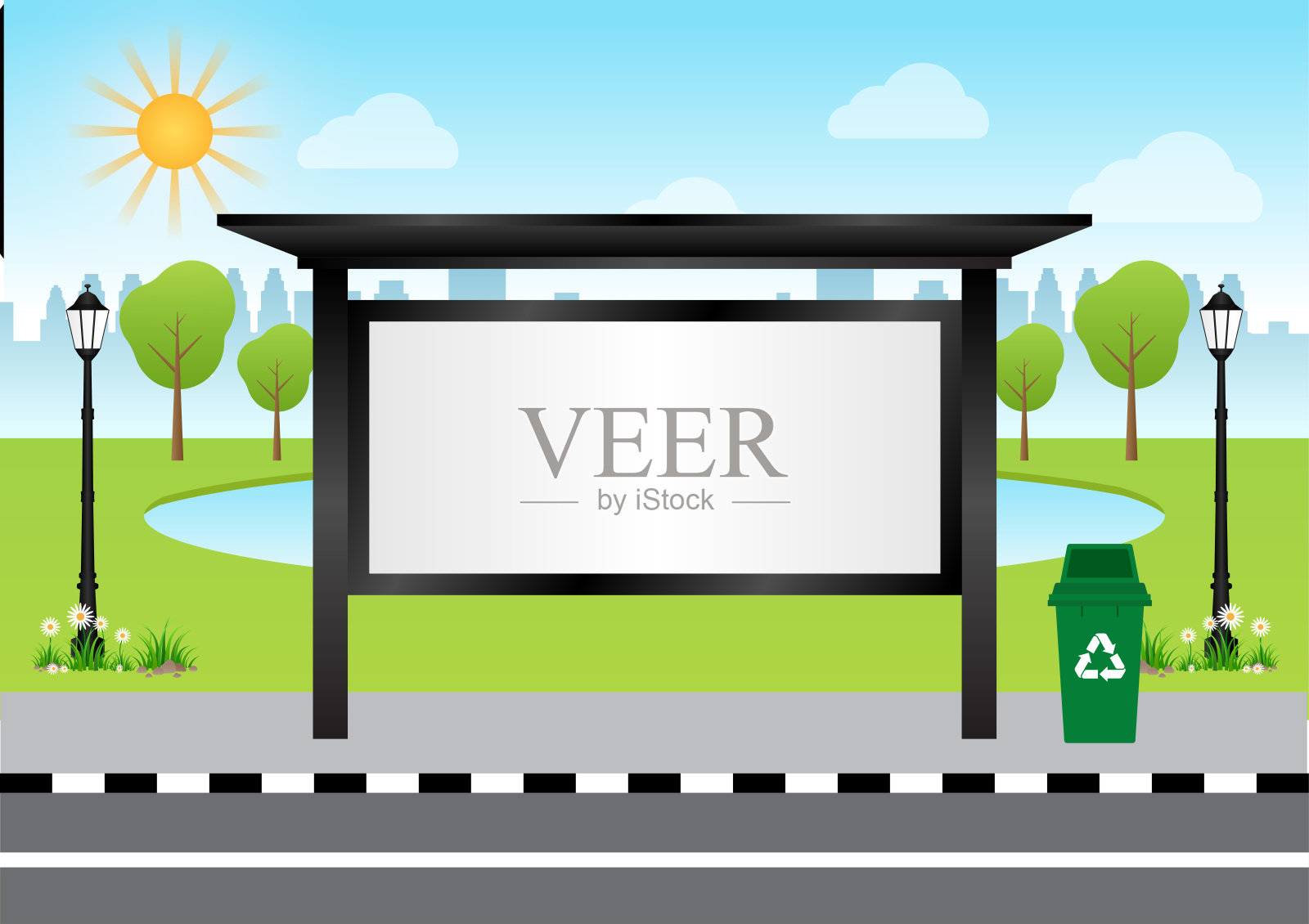 公交车站或公交车停靠点的空白广告牌。插画图片素材
