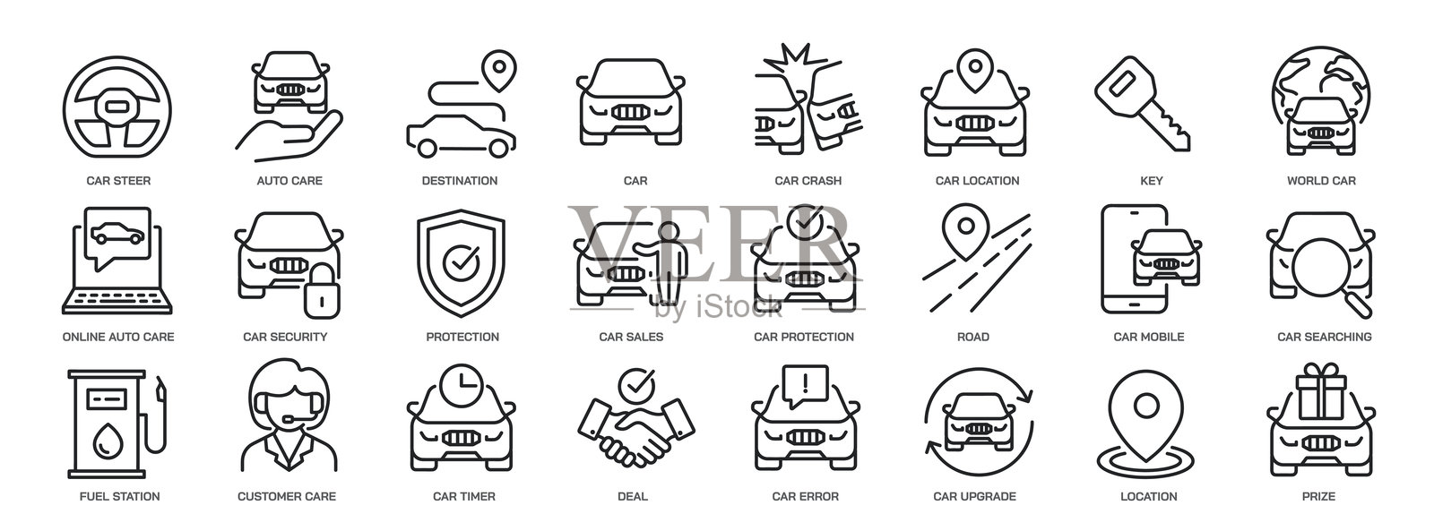 与汽车、经销商、租赁、机动车相关的线条图标集合。可编辑的线条。透明背景下的完美像素。插画图片素材