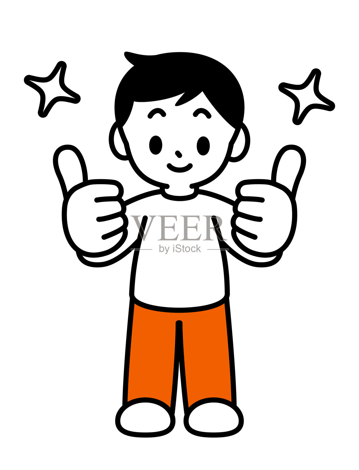 一个可爱的短发黑发男孩正在给出两个大拇指,面向观众。正面视图,黑色轮廓,平面色彩,极简风格。插画图片素材