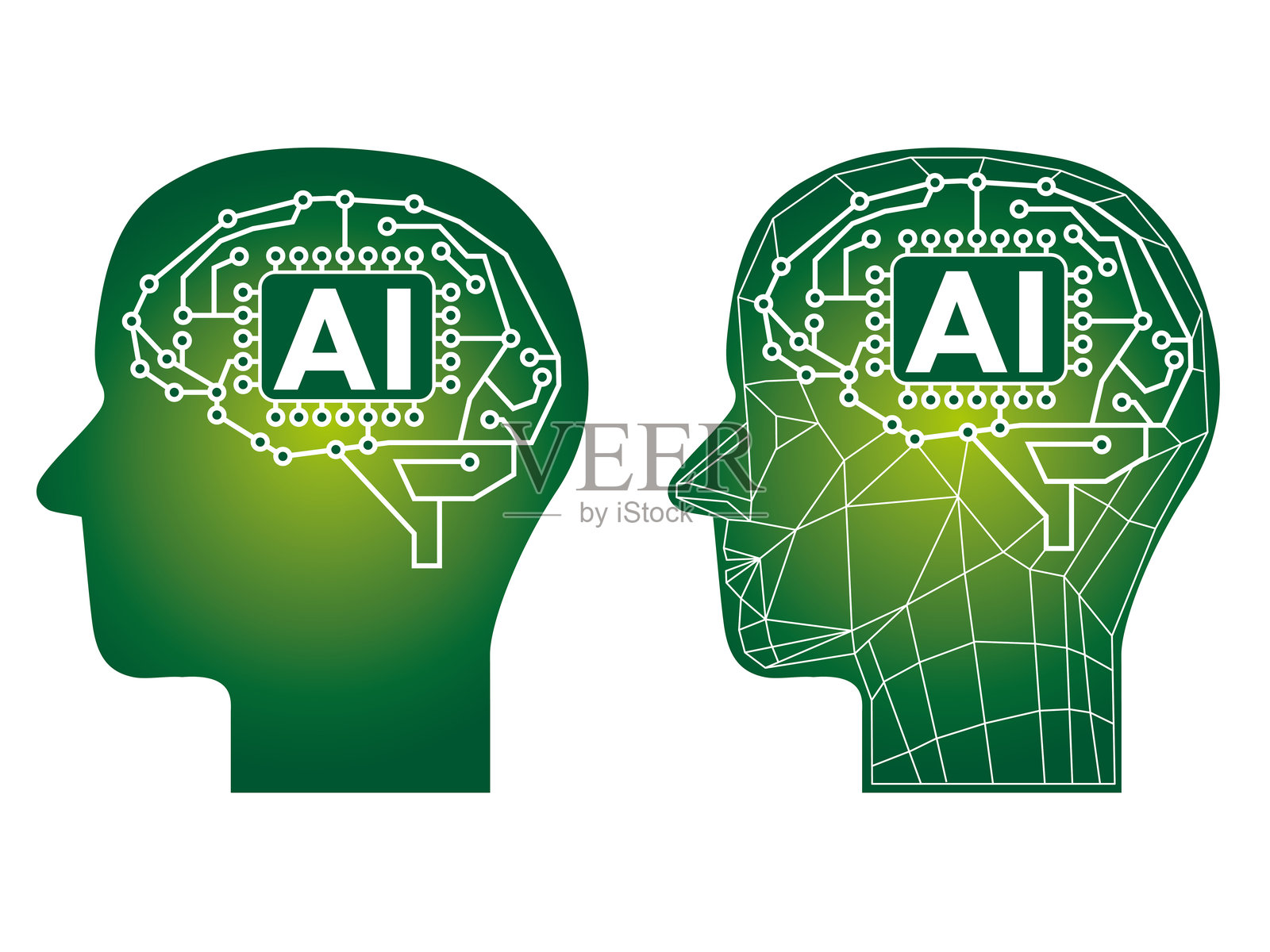人工智能AI的插图集:人类侧面轮廓和计算机大脑电路的线框图插画图片素材
