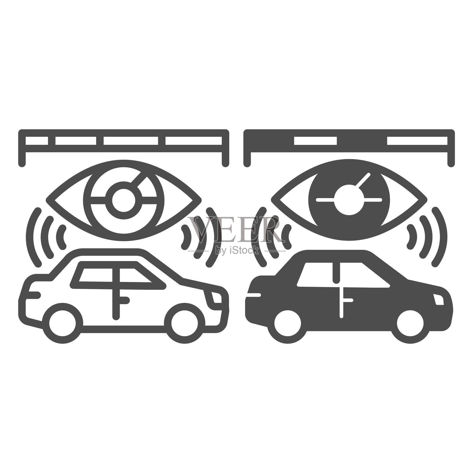 汽车地图视觉数据线和实心图标,神经数据集概念。矢量图形。数据尺和带有汽车标志的眼睛,白色背景上的轮廓风格图标,适用于移动或网页设计。插画图片素材