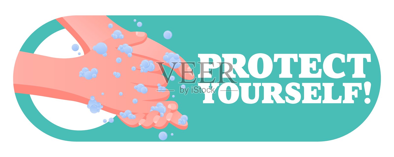 保护自己。个人卫生意识,使用肥皂洗手,泡沫和气泡,公共安全,病毒预防,横向格式插画图片素材