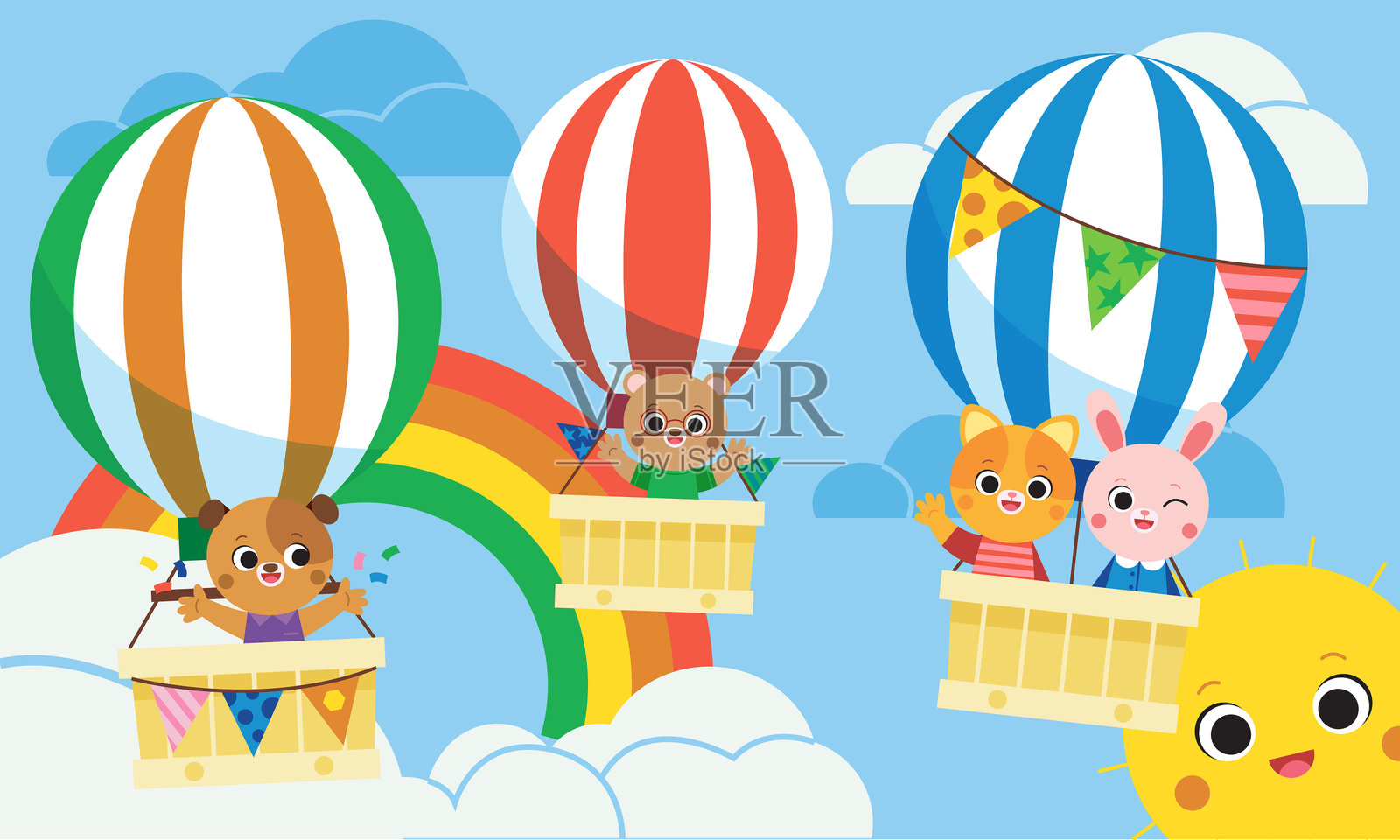 可爱的动物们在热气球上飞翔,天空中有云彩和彩虹,下面是池塘和绿地。动物角色包括猫、兔子、熊和狗,坐在带篮子的气球上。旅程,返校季。插画图片素材