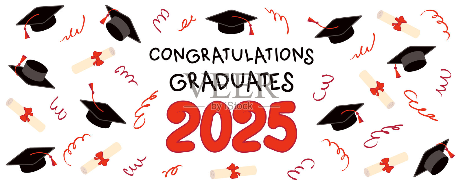 祝贺2025届毕业生的横幅,配有五彩纸屑、丝带、彩带和毕业帽。适合大学、高中和大学的完美矢量设计。插画图片素材