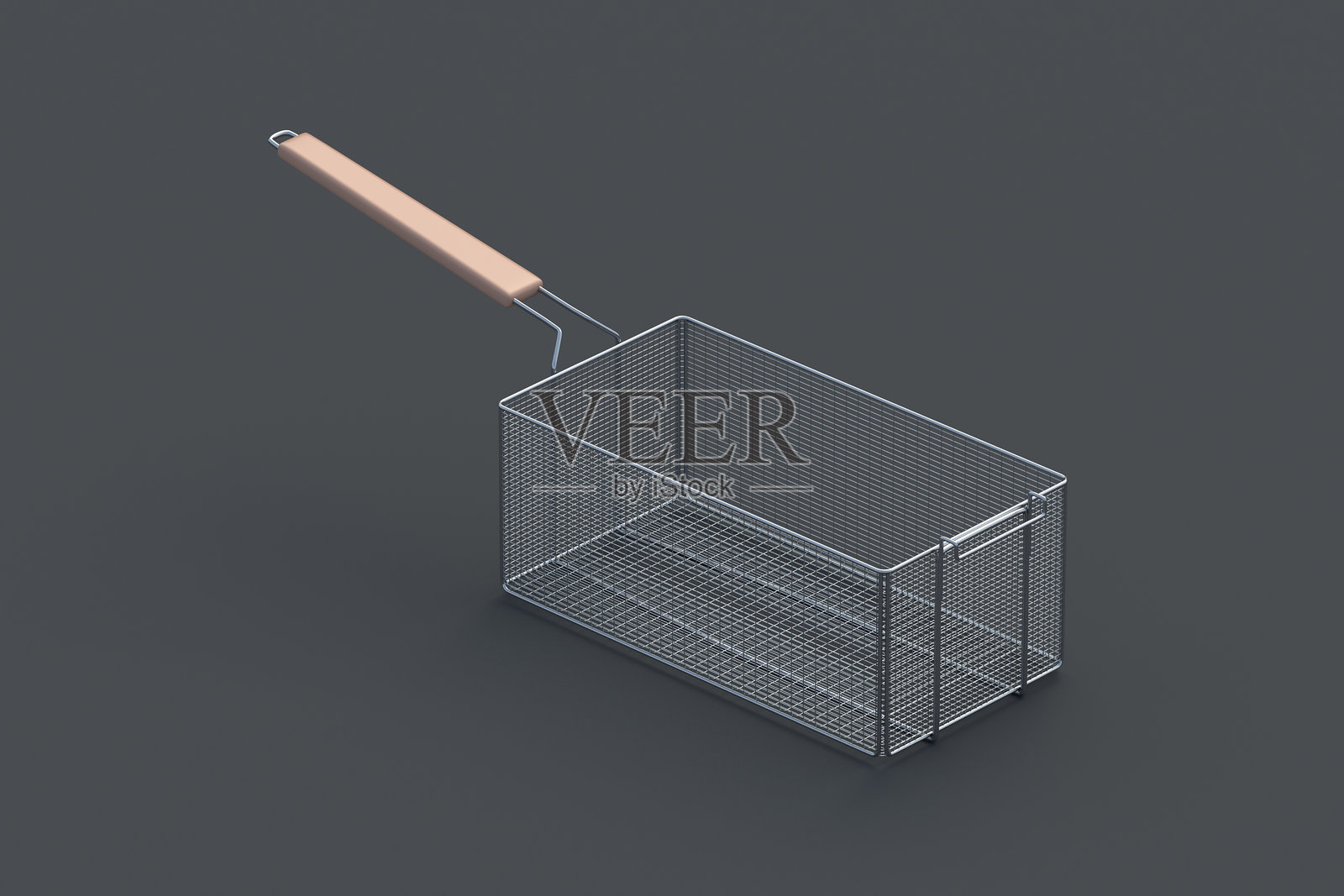 新型金属炸锅篮子,背景为灰色。专业设备。厨房配件。3D渲染。照片摄影图片