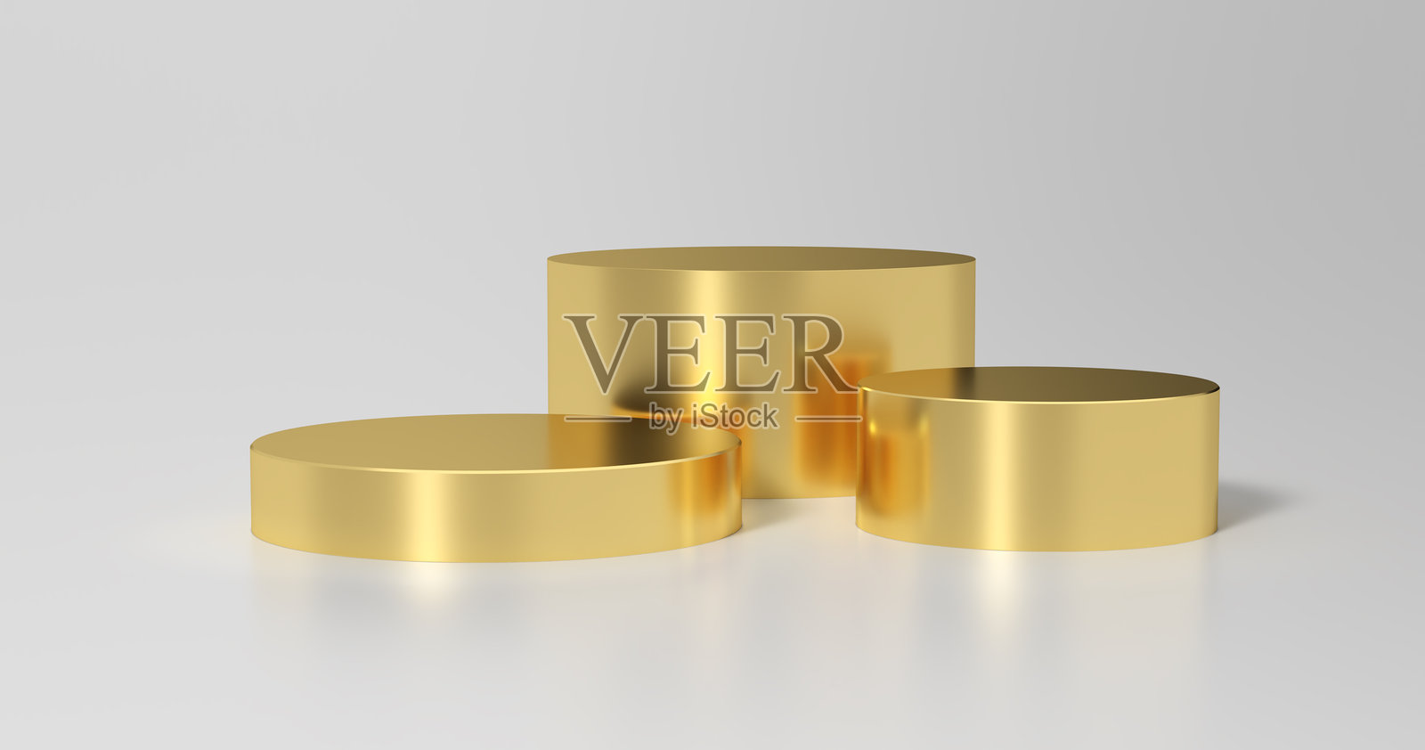 金色产品展示台背景。三个高档舞台平台,广告展示模板。金色产品展示台模板。照片摄影图片