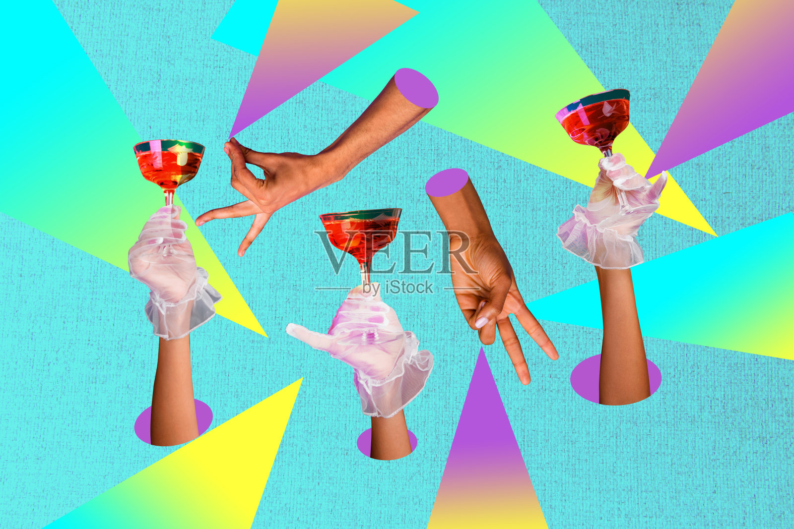 趋势艺术拼贴模板,合成草图,手戴手套握着酒精鸡尾酒,周五饮品俱乐部,展示两指问候的手势照片摄影图片