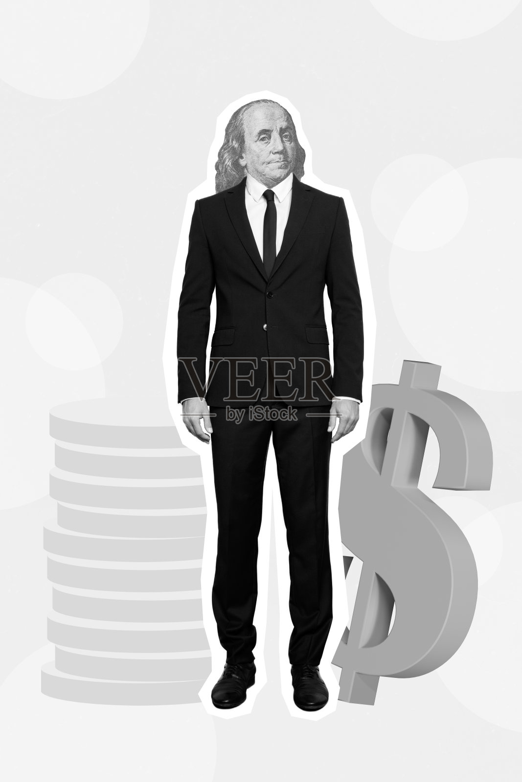 照片拼贴艺术,简约风格,自信的工人用钱代替头部,孤立的绘画背景照片摄影图片