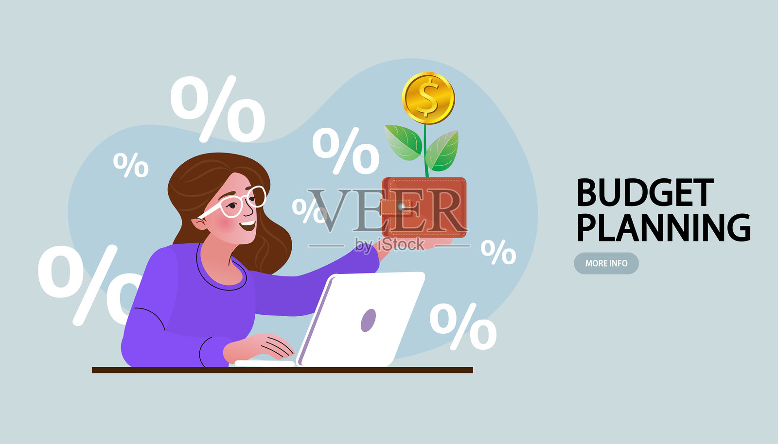 女性使用笔记本电脑,周围环绕着百分比符号,代表财务分析和预算管理。她旁边有一个钱包,里面长出一株小植物,象征着财务增长。插画图片素材
