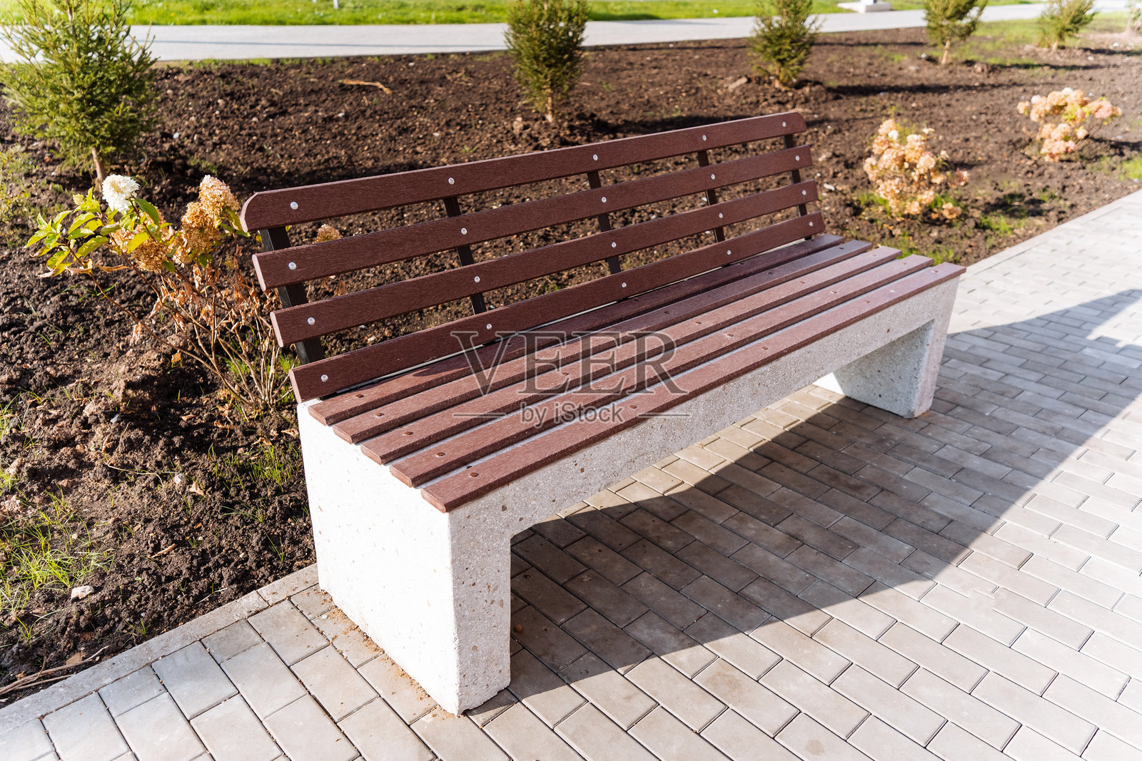 在一个精心布置的公园里,一张坚固的木长椅舒适地放置在铺设整齐的砖石人行道上,邀请游客坐下欣赏周围的美景。照片摄影图片