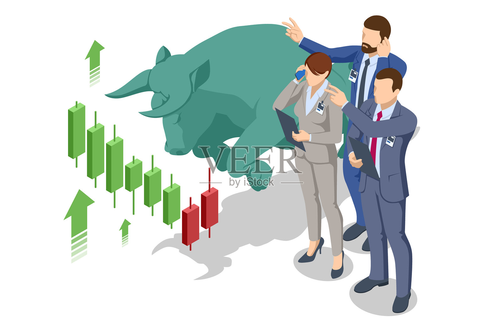 一幅等距矢量插图,描绘了股票经纪人与一只大型绿色公牛和上升的股票图表,象征着牛市趋势。牛市,股票增长,财务成功插画图片素材