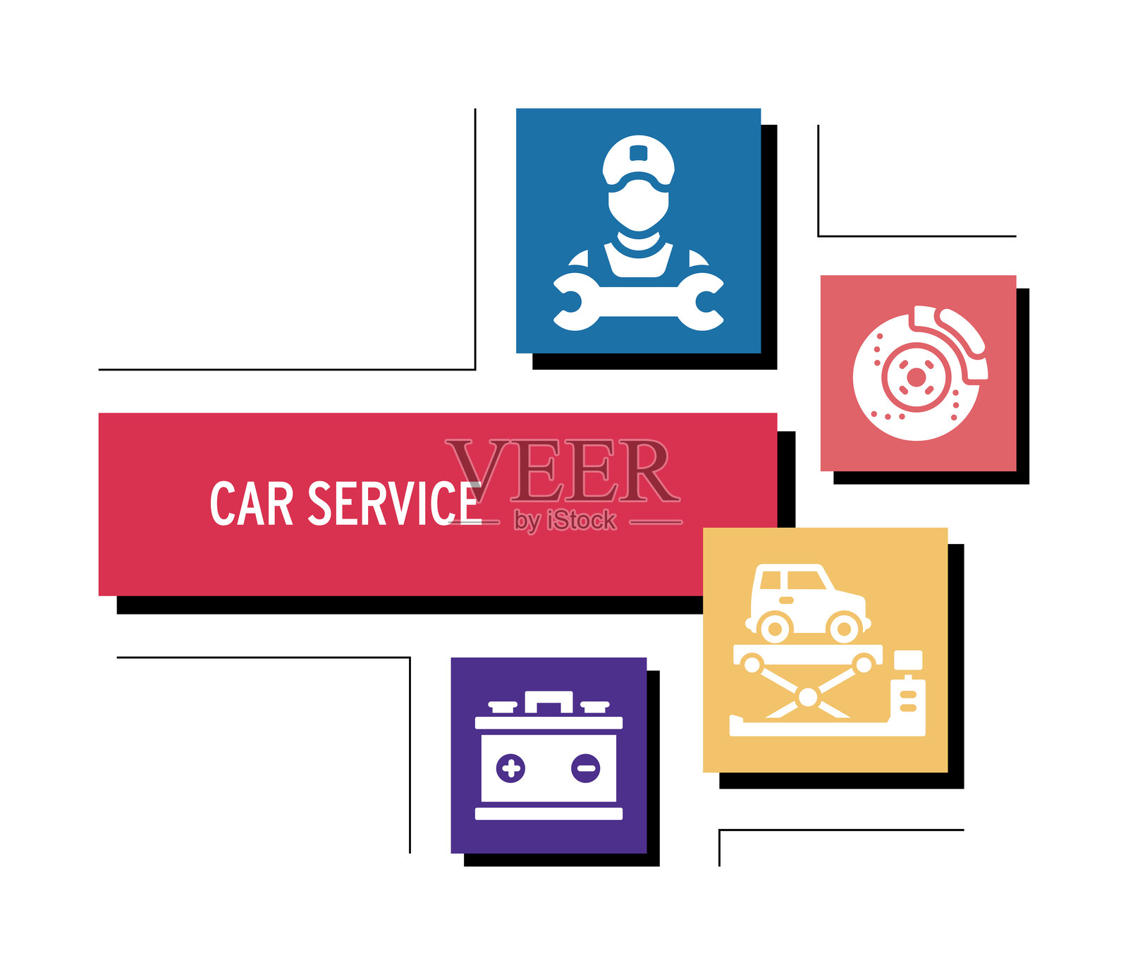 汽车服务相关的矢量插图。汽车、车库、服务、车辆、汽车行业、维护、修理店插画图片素材