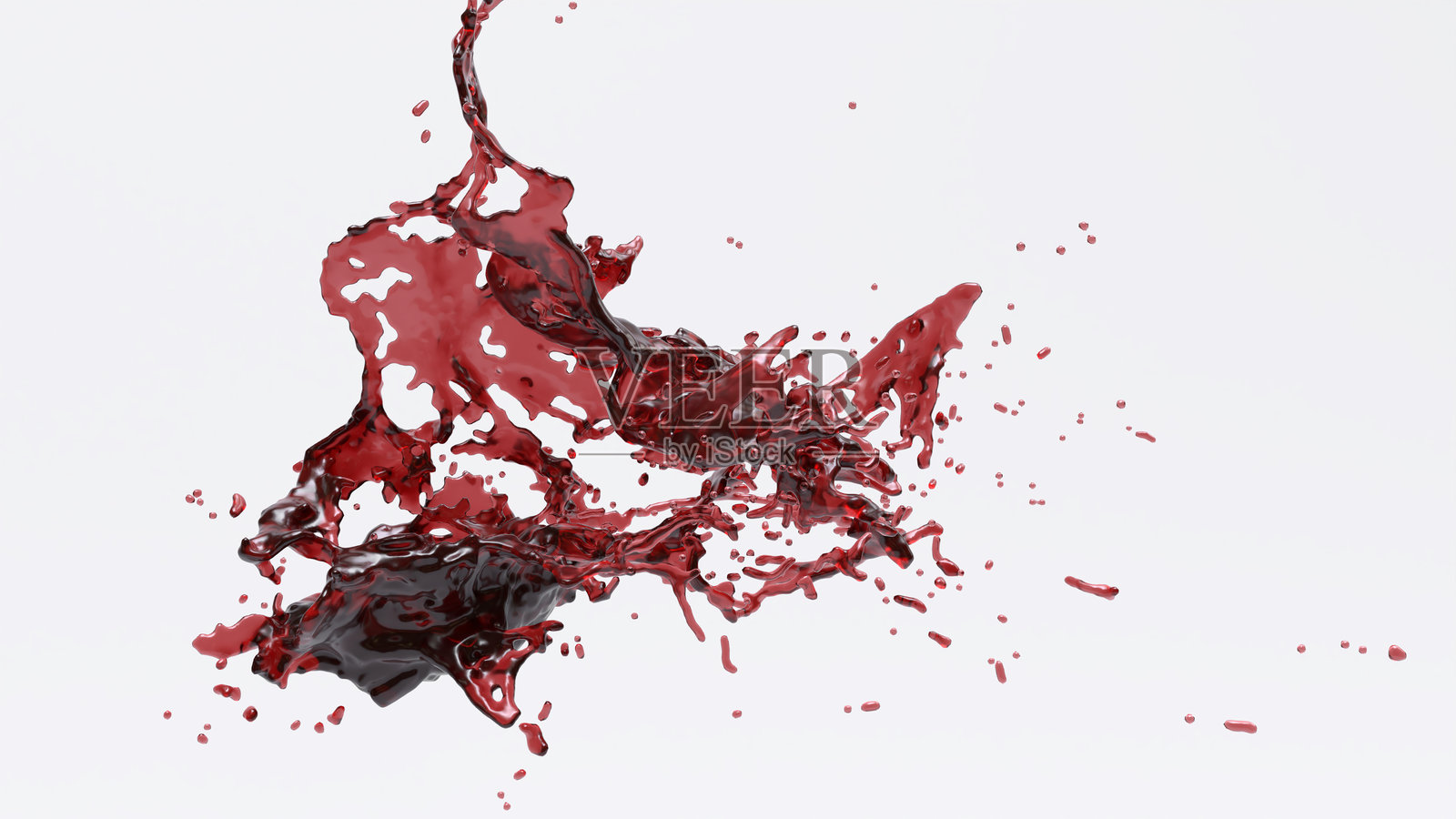 红酒溅落在白色背景上的3D插图。照片摄影图片