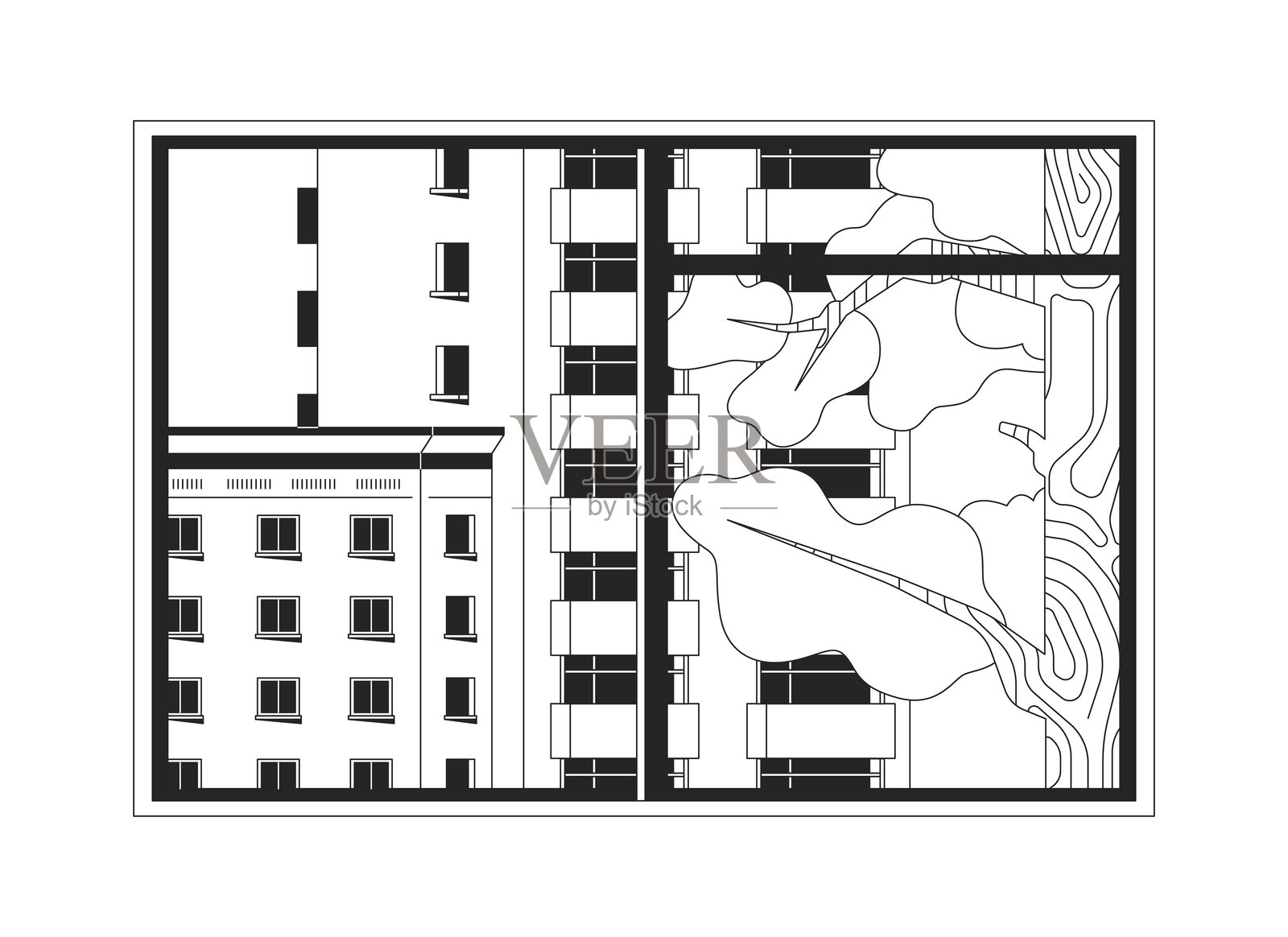 窗外城市景观的2D线条图形插画图片素材