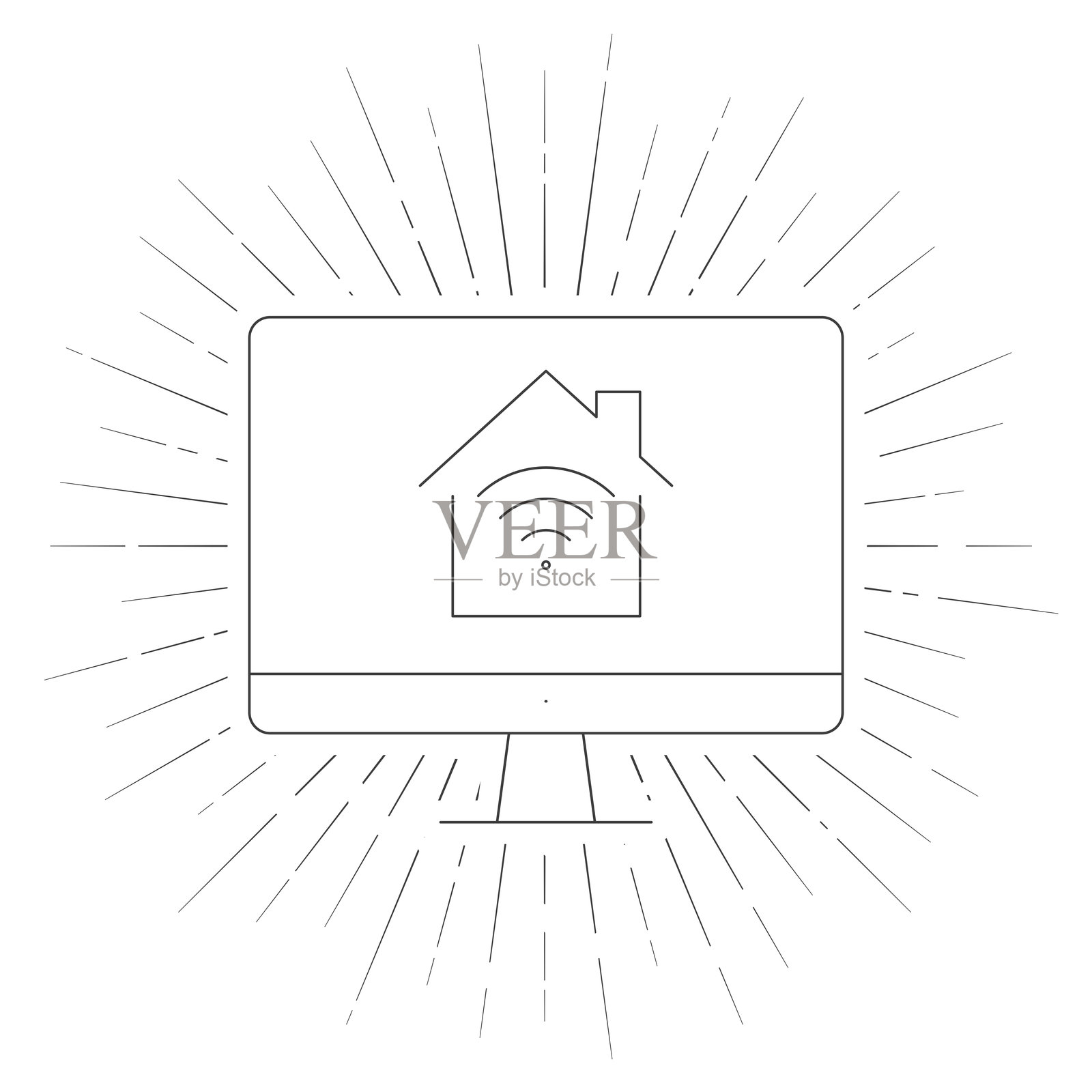 带有智能家居的台式电脑。白色背景上的线条图标和阳光辐射。插画图片素材