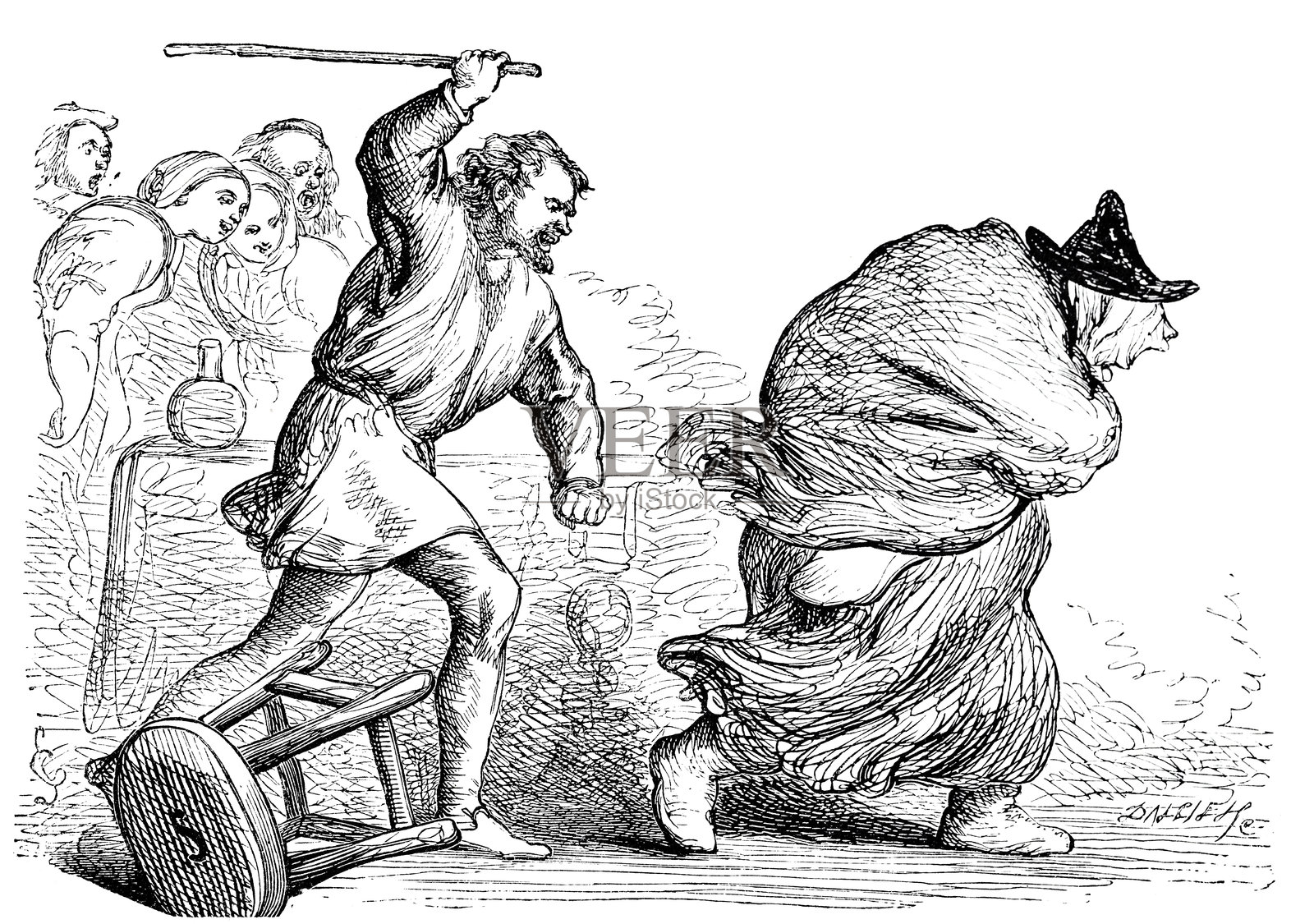 威廉·莎士比亚的戏剧《温莎的愉快妻子》,一名男子举起手杖驱赶一名女性插画图片素材