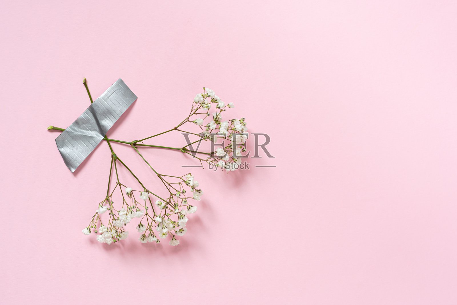 用胶带固定在墙上的满天星花束,纸质背景。创意点子照片摄影图片