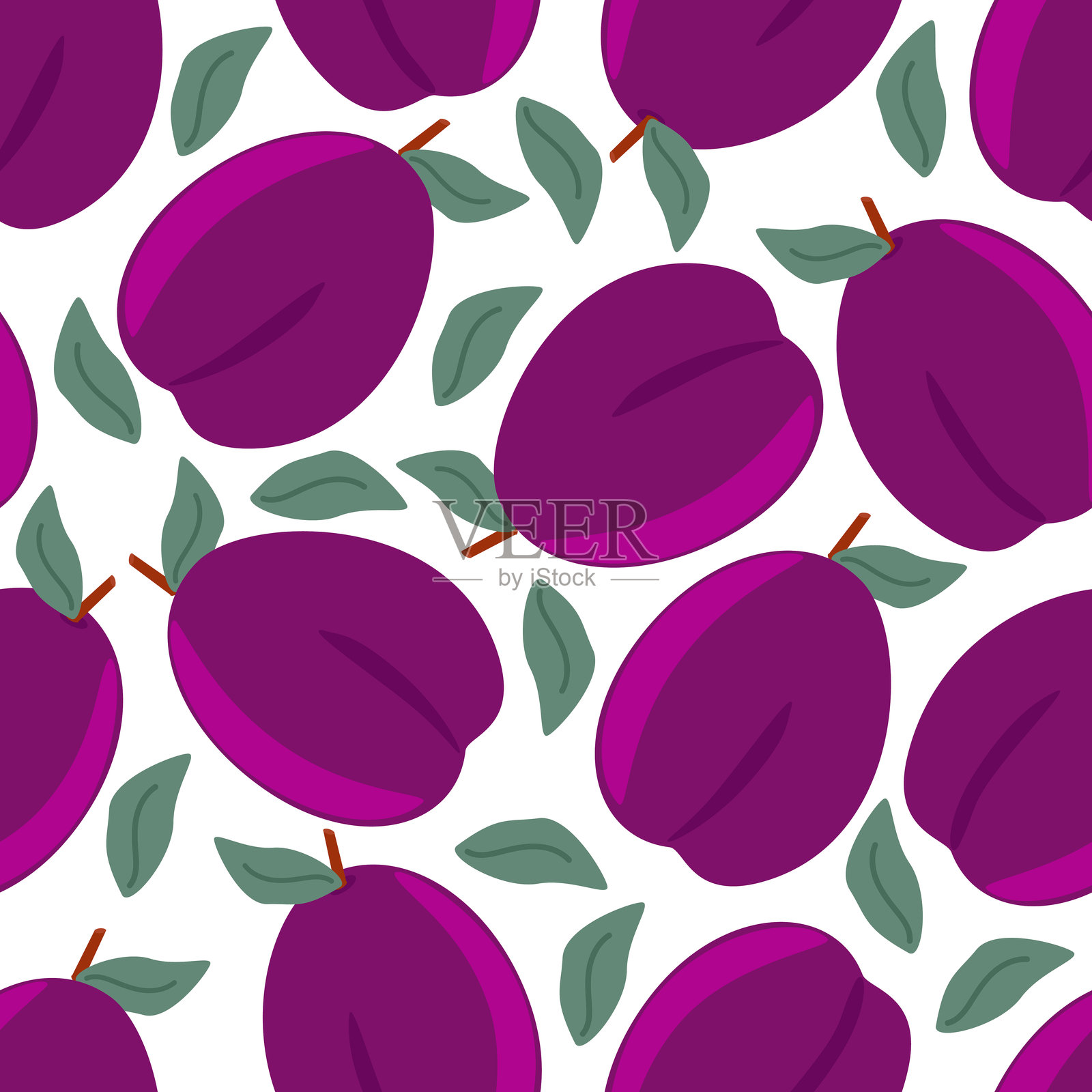 无缝图案成熟水果李子与叶子插画图片素材