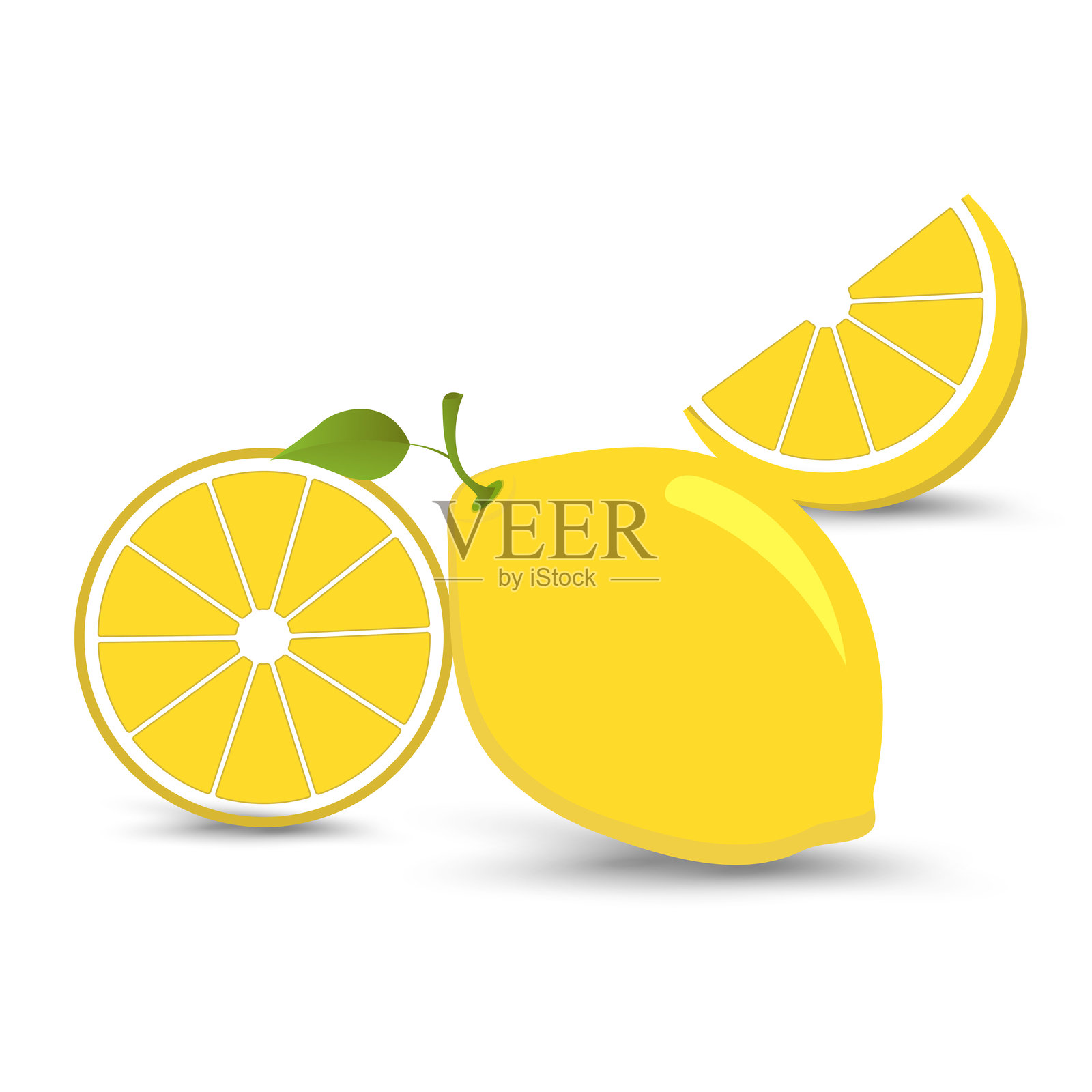 一颗明亮的黄色柠檬旁边有一半切开的柠檬和一个柠檬角,展示了它多汁和清爽的柑橘魅力。矢量图和插图插画图片素材