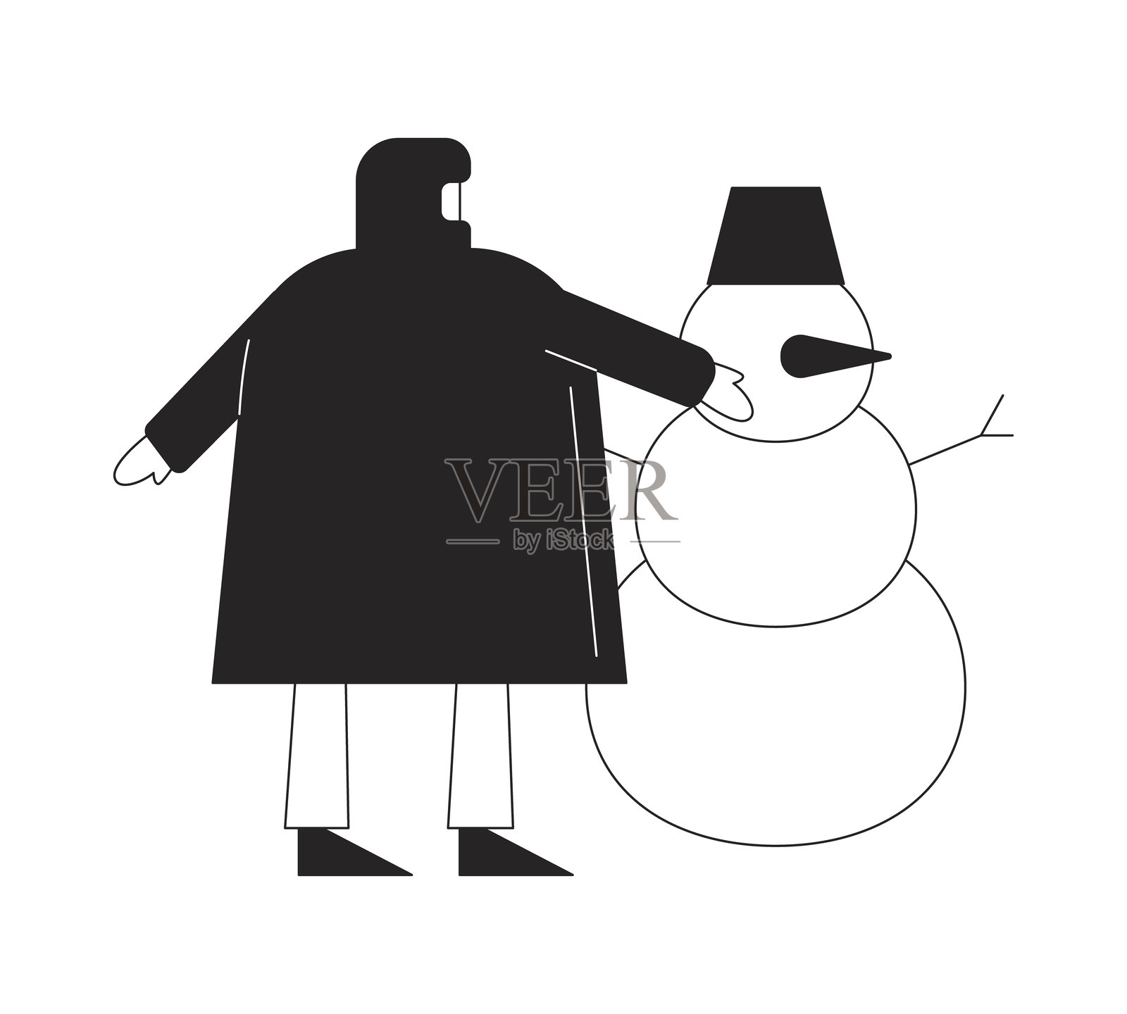 穿着羽绒服的人在堆雪人,黑白2D线条角色插画图片素材
