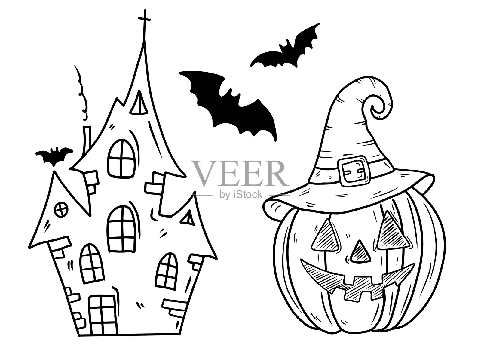 可怕的鬼屋城堡教堂,带有十字架、飞翔的蝙蝠和戴着女巫帽的南瓜。手绘矢量素描插图,采用涂鸦雕刻复古线条艺术风格。万圣节快乐。插画图片素材