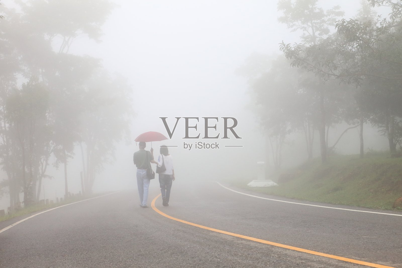 一对已婚夫妇在雾蒙蒙的清晨一起走在乡间小路上,留有空白空间。照片摄影图片