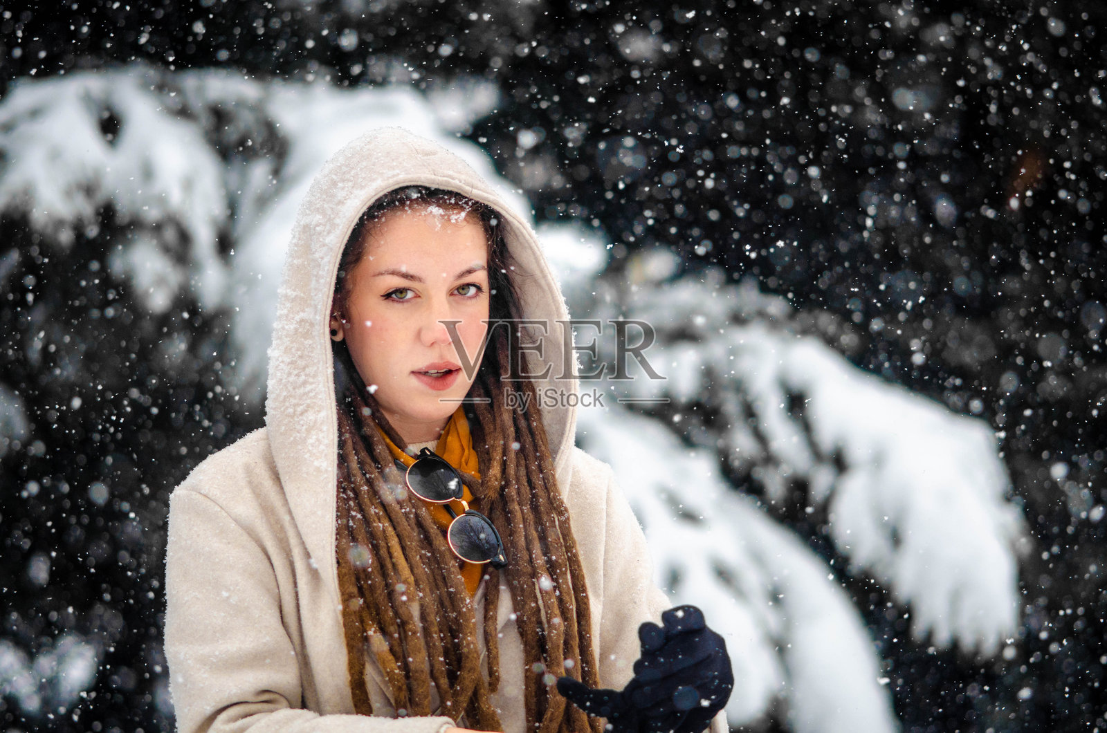 一位长着长辫子的年轻女性在雪覆盖的风景中享受着,雪花轻轻飘落在她身上。她正直视镜头。照片摄影图片