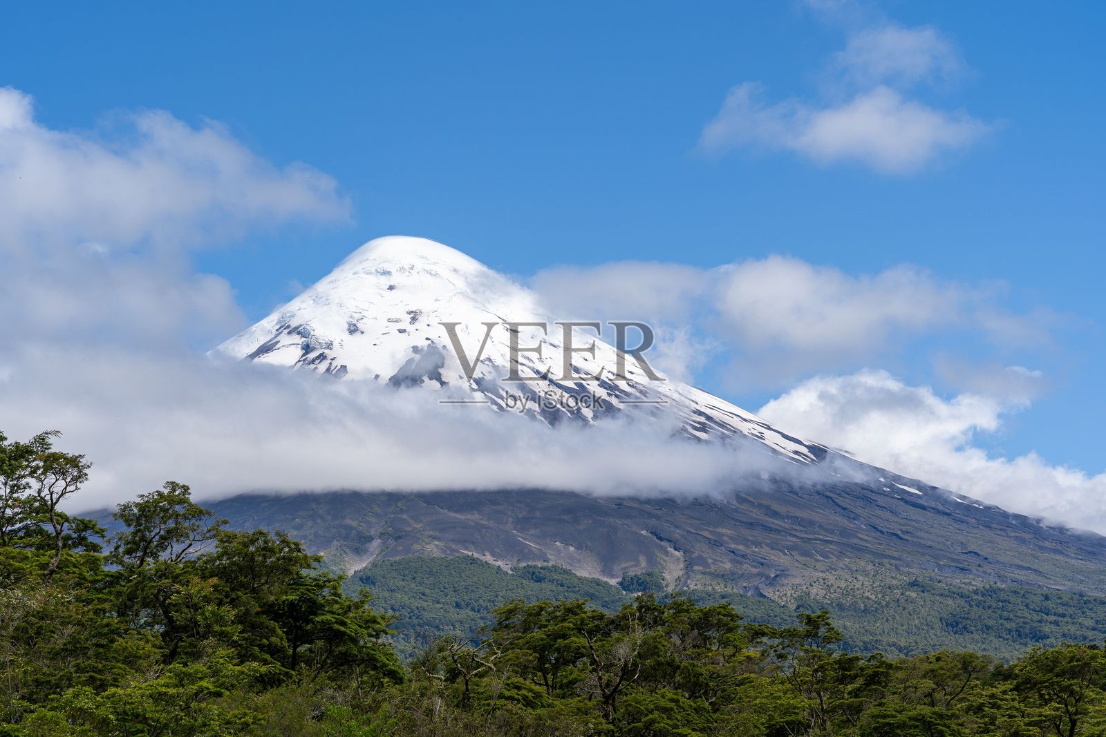 奥索尔诺火山与蓝天和森林照片摄影图片