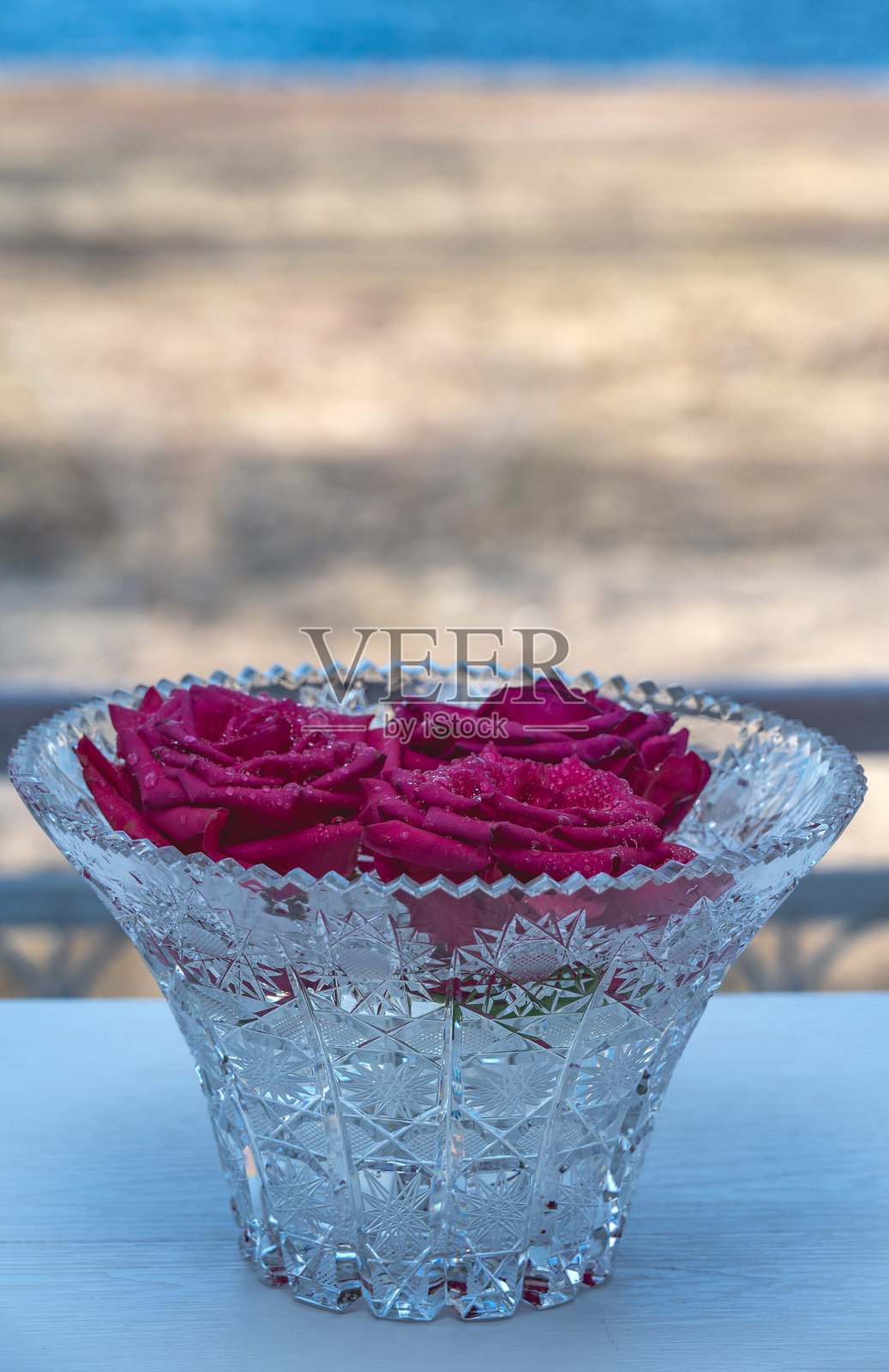 紫色玫瑰花朵在桌子上的水晶花瓶中。照片摄影图片