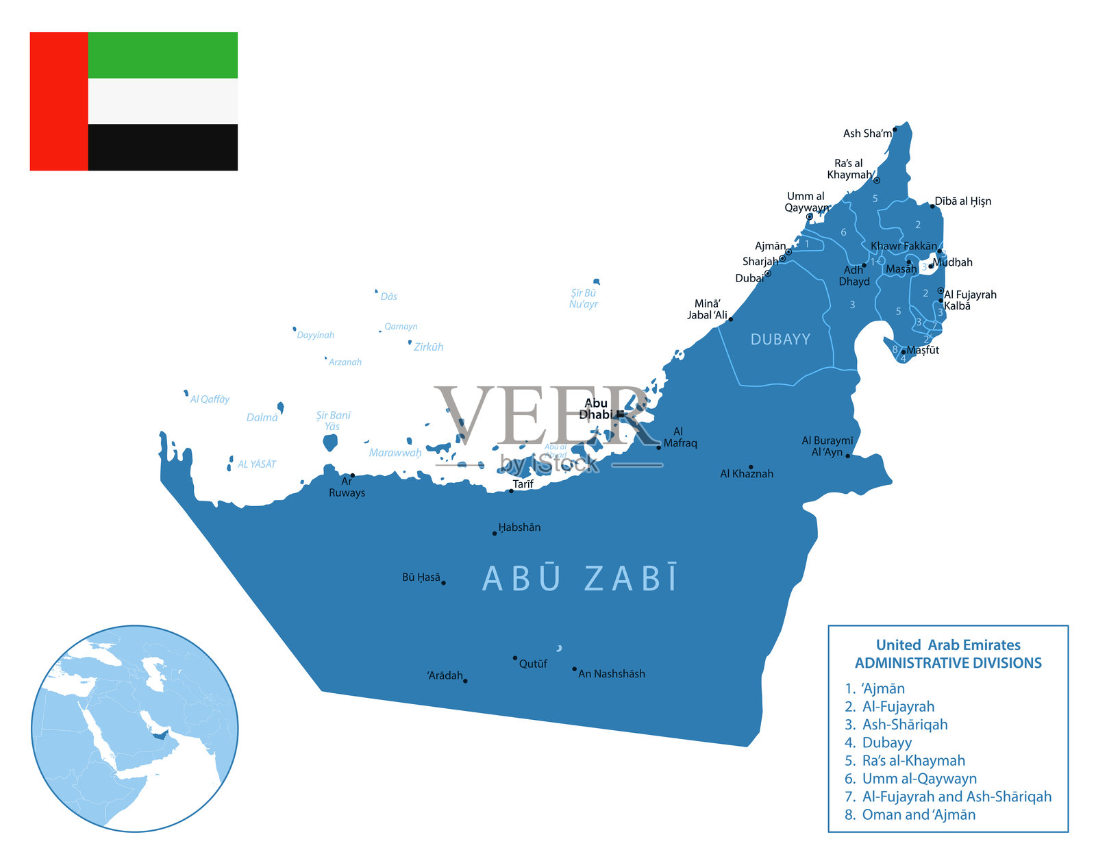 阿拉伯联合酋长国 - 详细地图,包含该国的地区和城市。插画图片素材