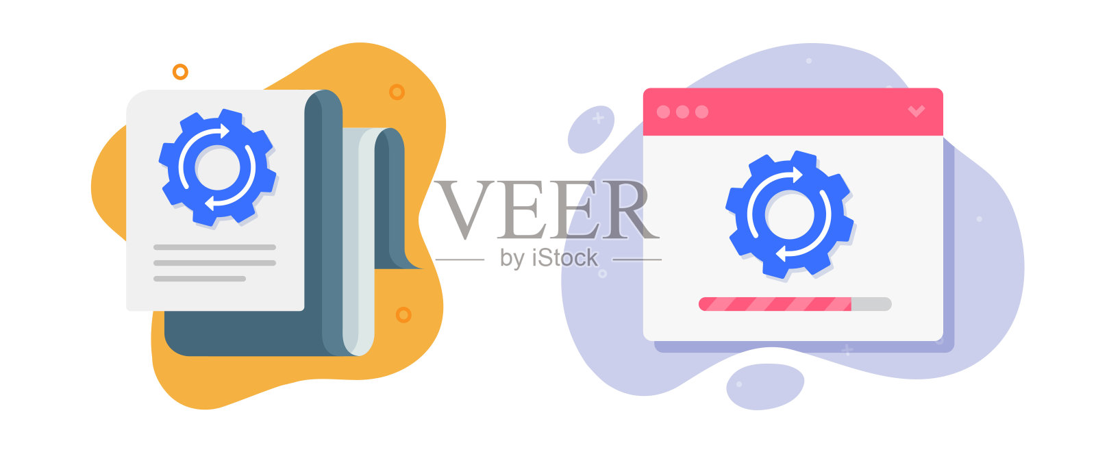 系统更新升级文档安装教程图标矢量,网站应用软件配置设置过程进度状态栏标志平面集合,恢复修复互联网网站设置文件数据插画图片素材