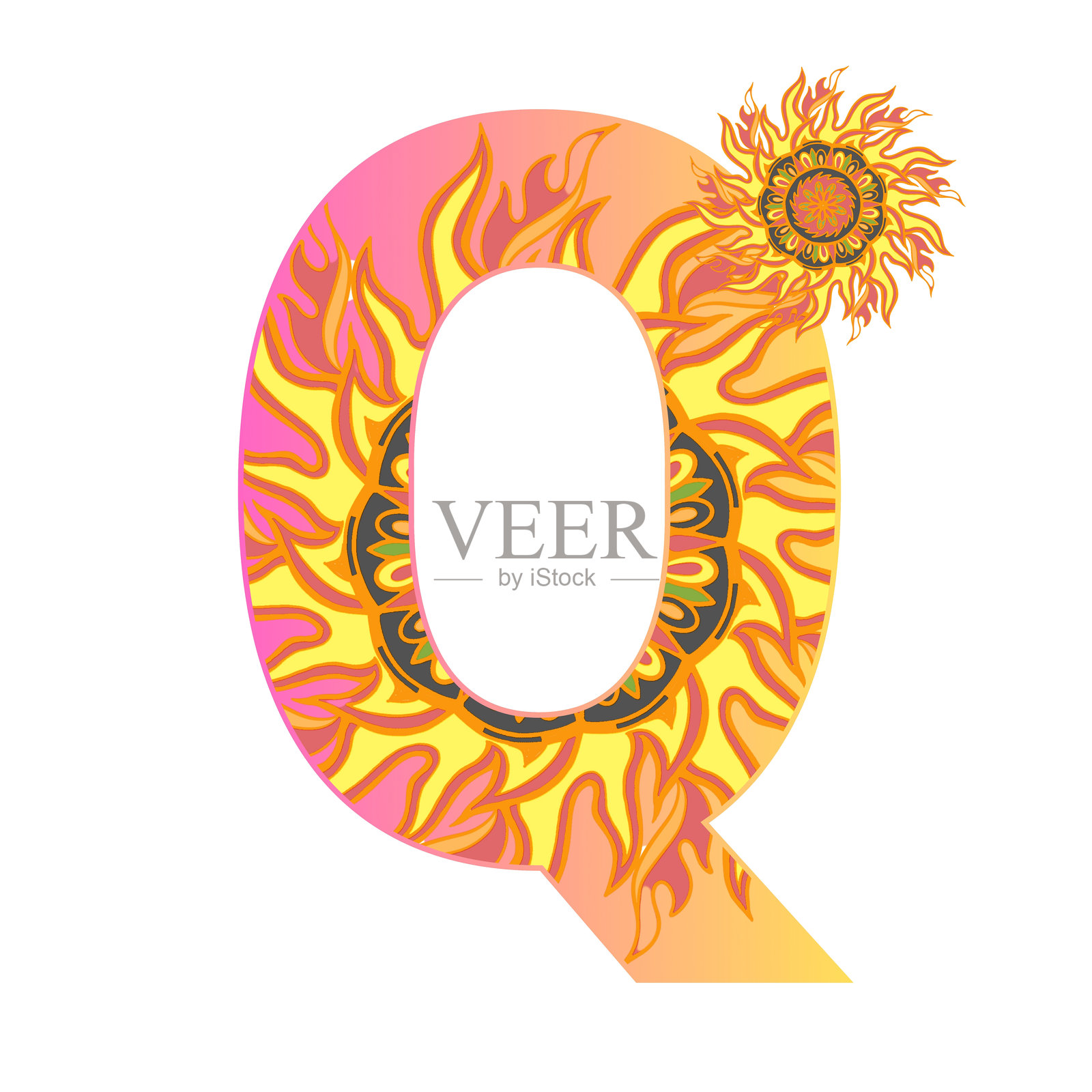 曼荼罗字母的外观闪耀着,宛如一幅阳光般闪耀的曼荼罗字母矢量图像。插画图片素材