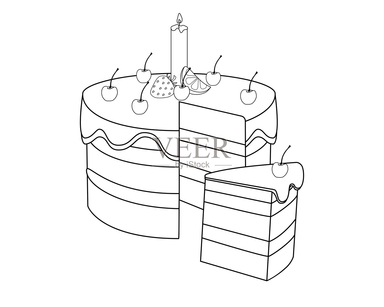 用切片切蛋糕。樱桃蛋糕上插着蜡烛,表面覆盖着樱桃、柠檬和草莓。生日蛋糕和切好的蛋糕片 - 矢量线条图。插画图片素材