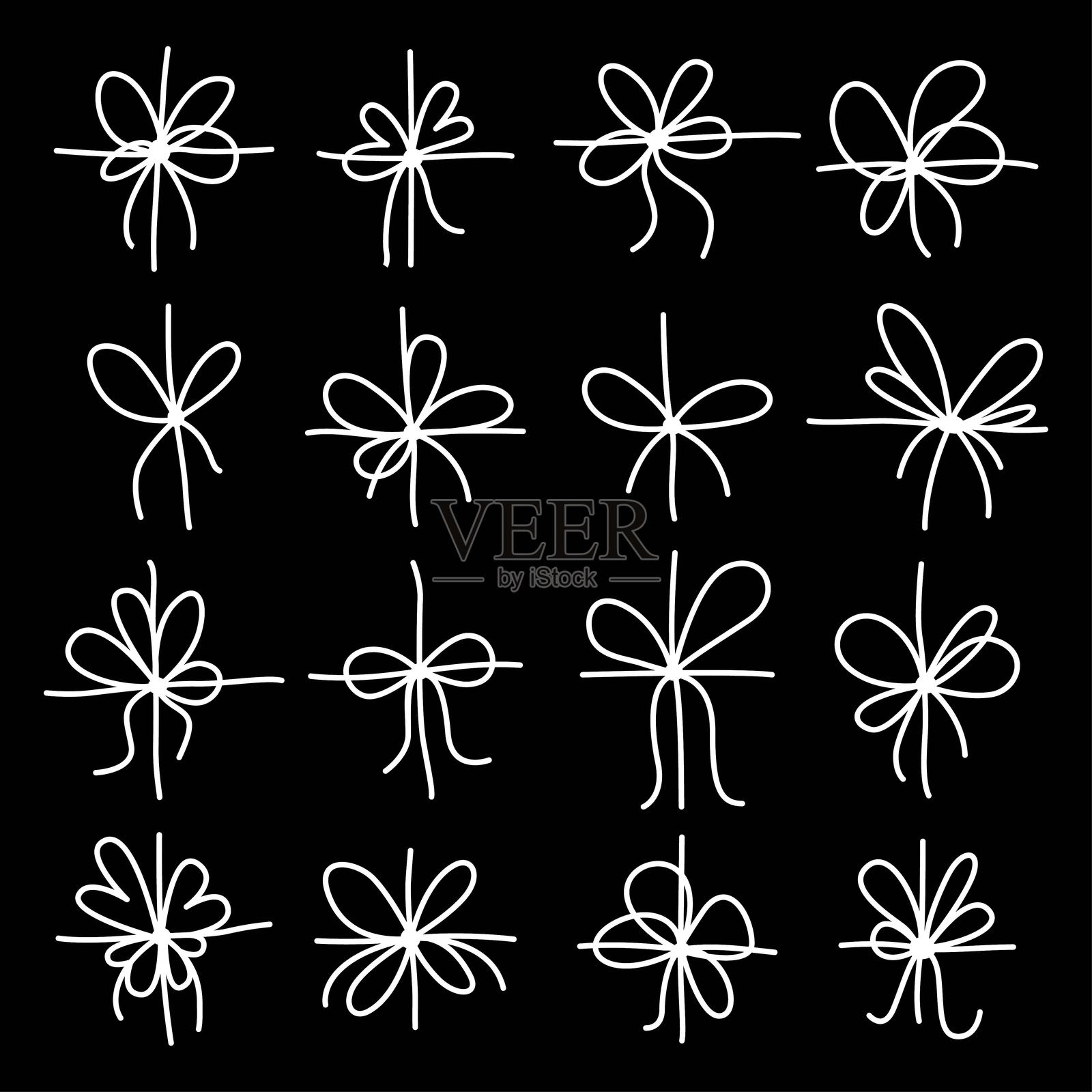 一组时尚的白色丝带蝴蝶结,具有复杂而简约的设计,手绘矢量插图插画图片素材