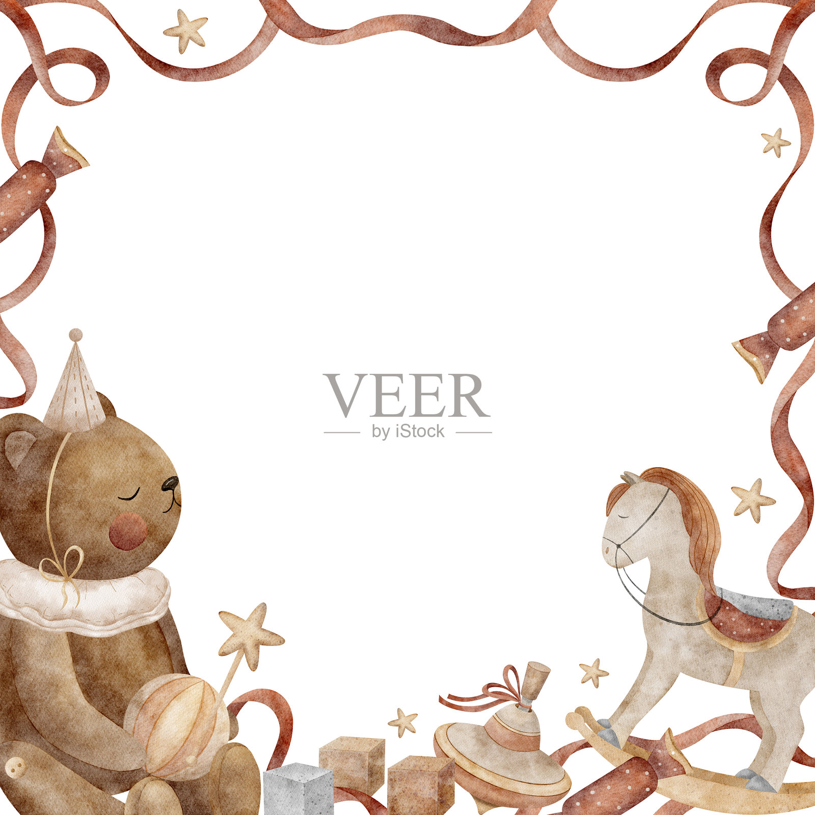 戴着派对帽的泰迪熊框架,周围有复古玩具、马、秋千、球、积木和红色丝带。水彩插图手绘,适用于邀请函、圣诞卡、海报和模板。插画图片素材