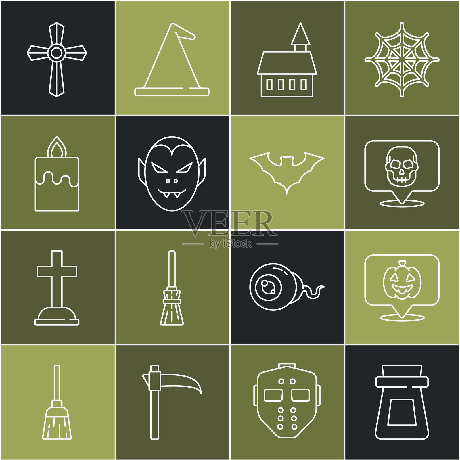 瓶子里装着药水、南瓜、骷髅、城堡、吸血鬼、燃烧的蜡烛、墓碑十字架和飞翔的蝙蝠图标。矢量图。插画图片素材